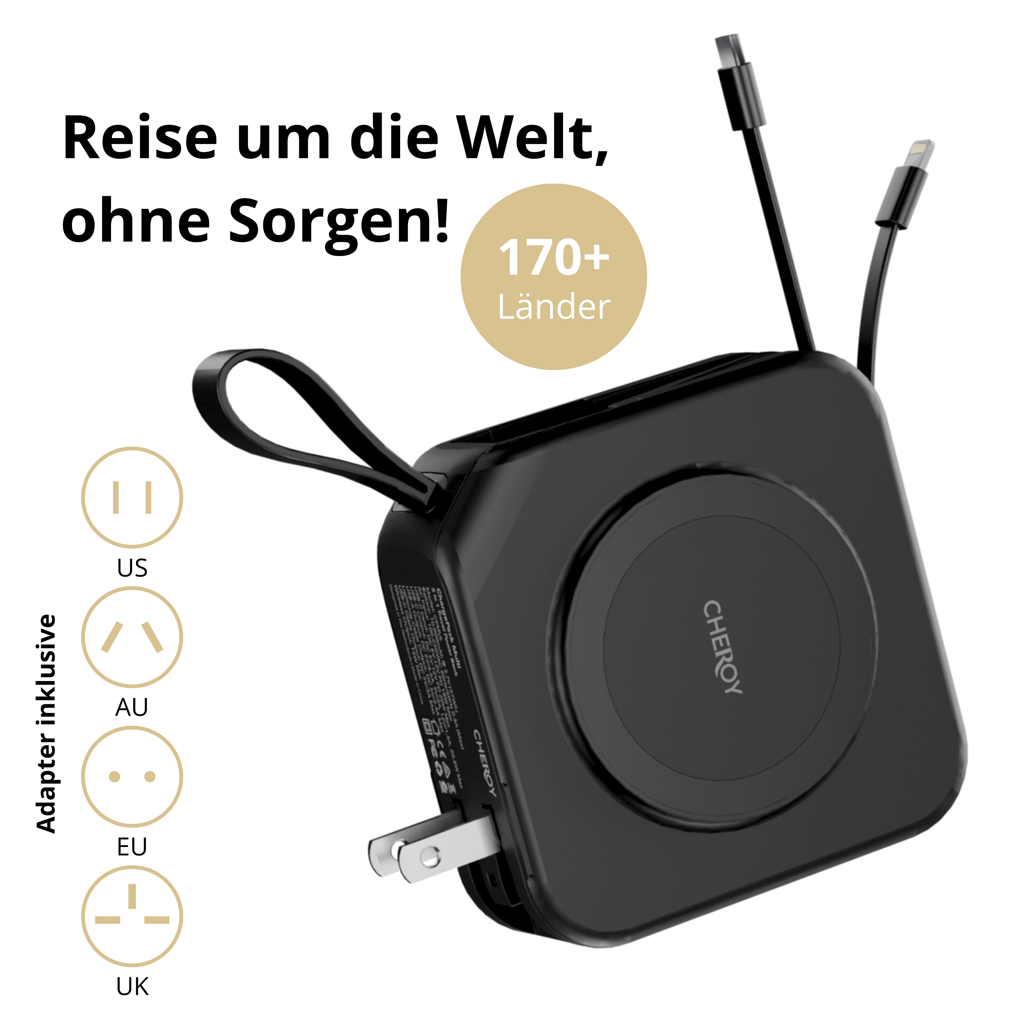 Schwarzer Reiseadapter mit verschiedenen Steckertypen und Text auf Deutsch. Text lautet 'Reise um die Welt, ohne Sorgen!'