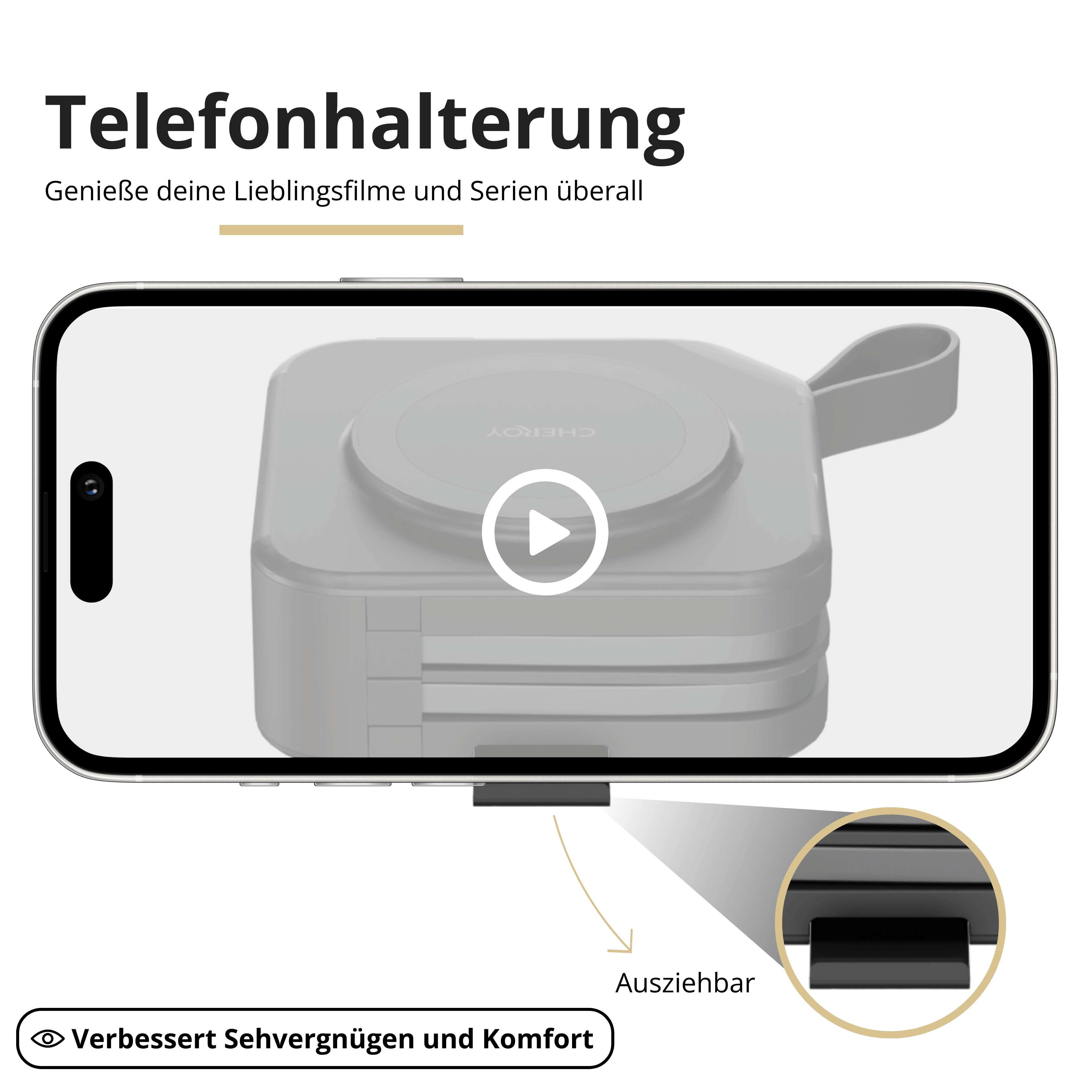 Telefonhalterung mit Handy, Video und Ausziehbarem. Inset zeigt Details.