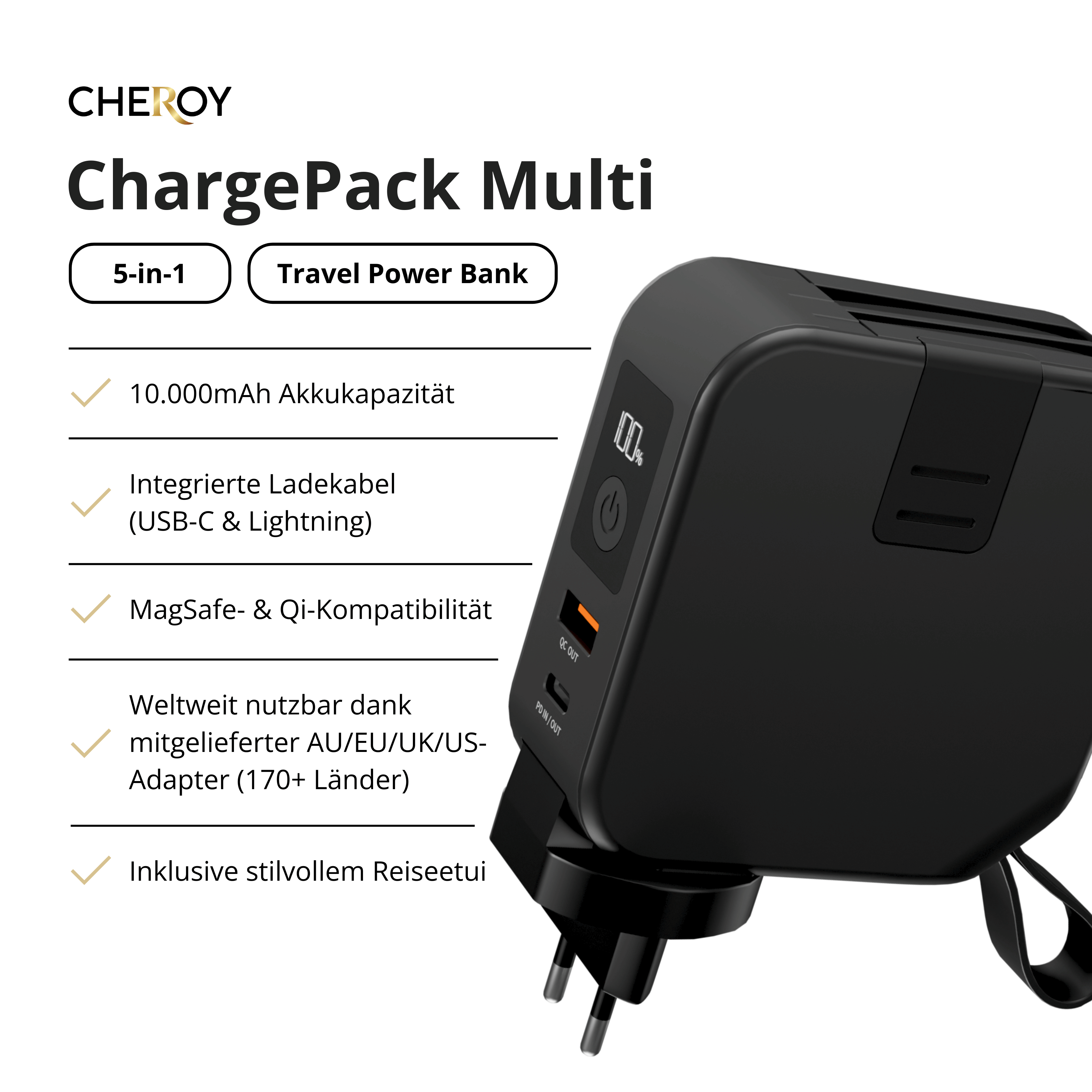 Eine schwarze Reise-Powerbank mit Text an der Seite, mit Stecker unten.