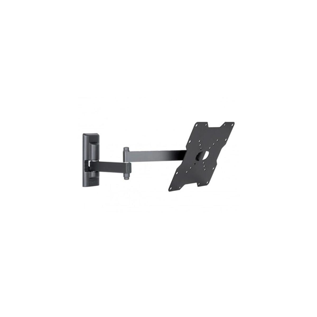 Schwarze TV-Wandhalterung. Sie hat einen Arm und eine Montageplatte.