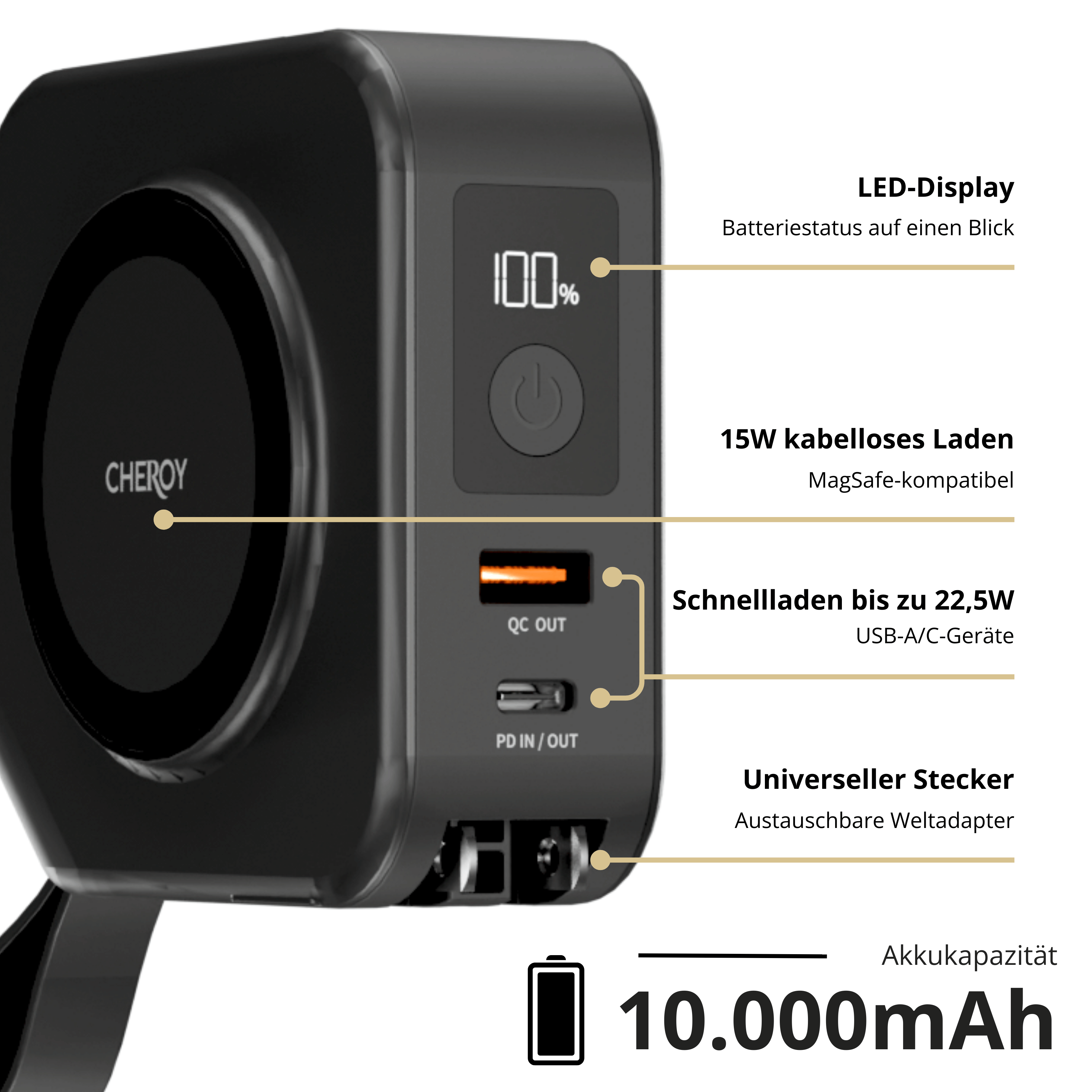 Schwarze Powerbank mit Anzeige, die 100 % anzeigt. Merkmale sind kabelloses Laden, USB-Anschlüsse und Universalstecker.
