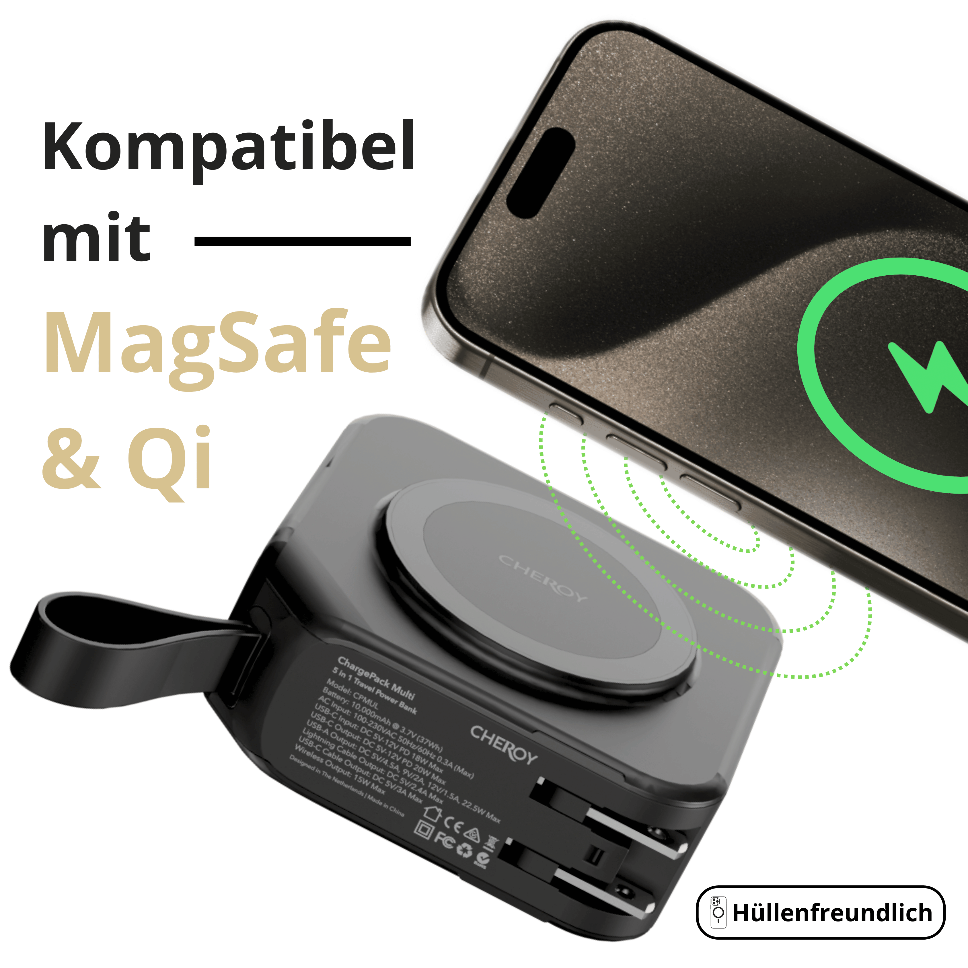 Schwarzes kabelloses Ladegerät mit Telefon. Weißer Hintergrund, Text: Kompatibel mit MagSafe & Qi.