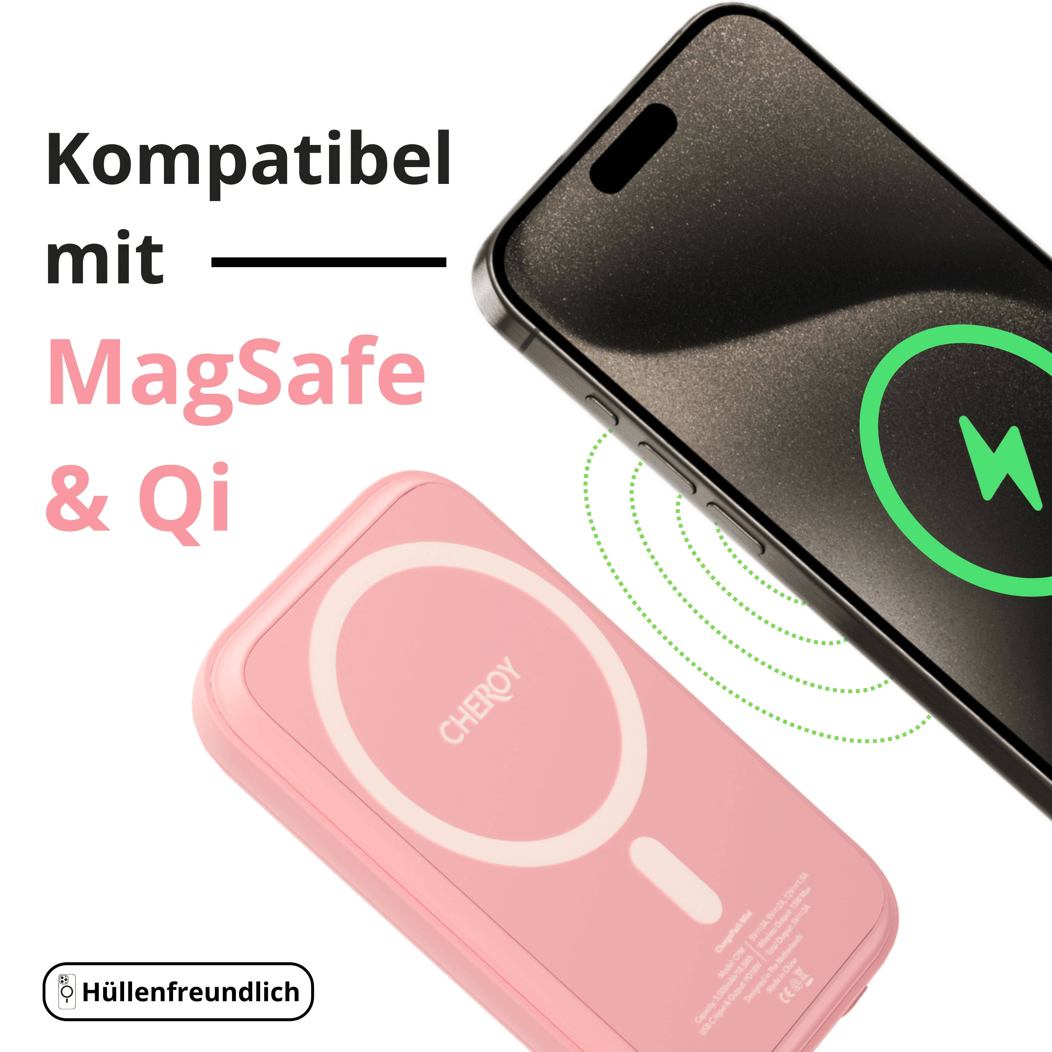 Rosa MagSafe & Qi-kompatibles Ladegerät neben einem schwarzen Telefon. Text auf dem Ladegerät: CHEROY.
