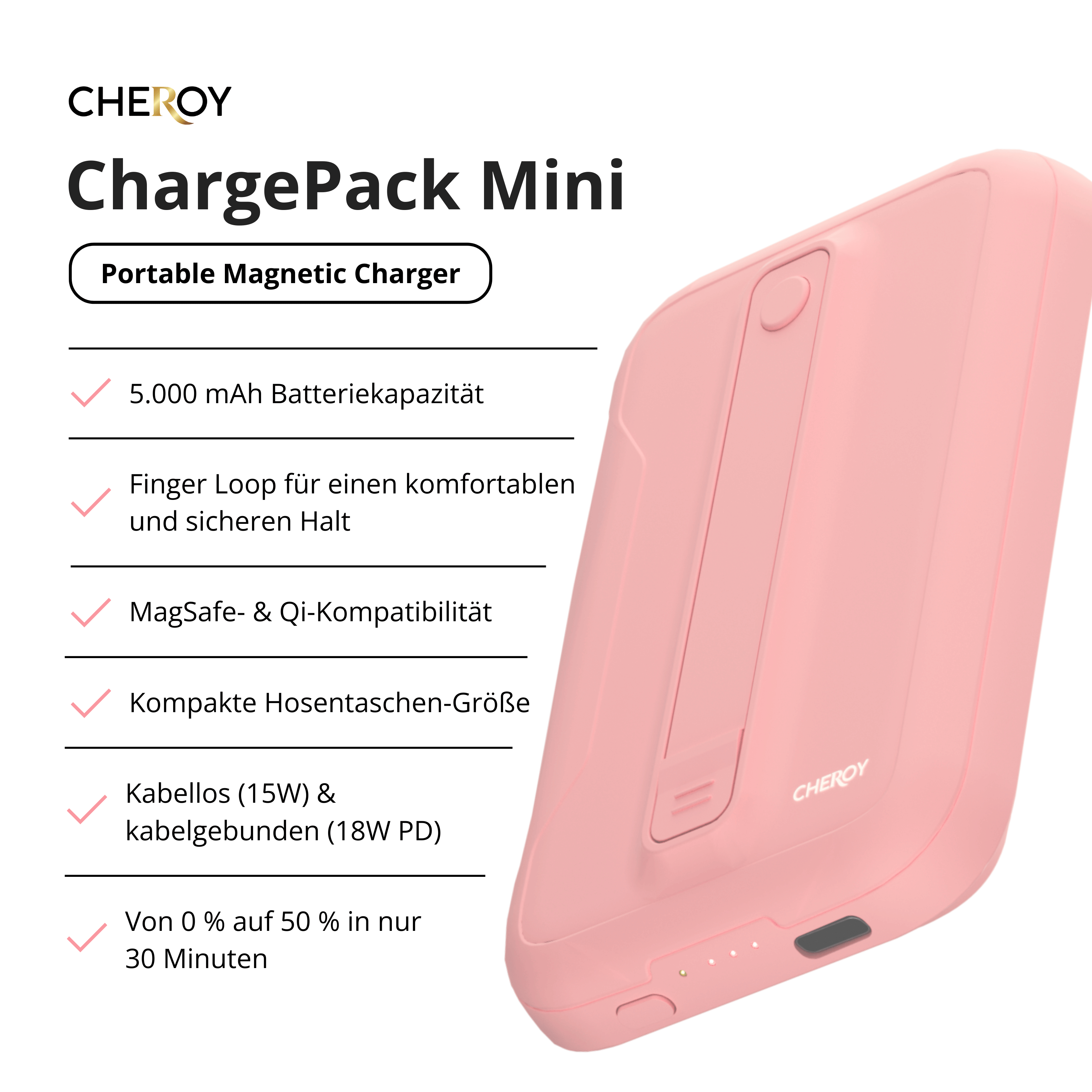 Ein pinkfarbener tragbarer Ladegerät mit Text und Symbolen. Der Hintergrund ist ein verschwommener Farbverlauf.