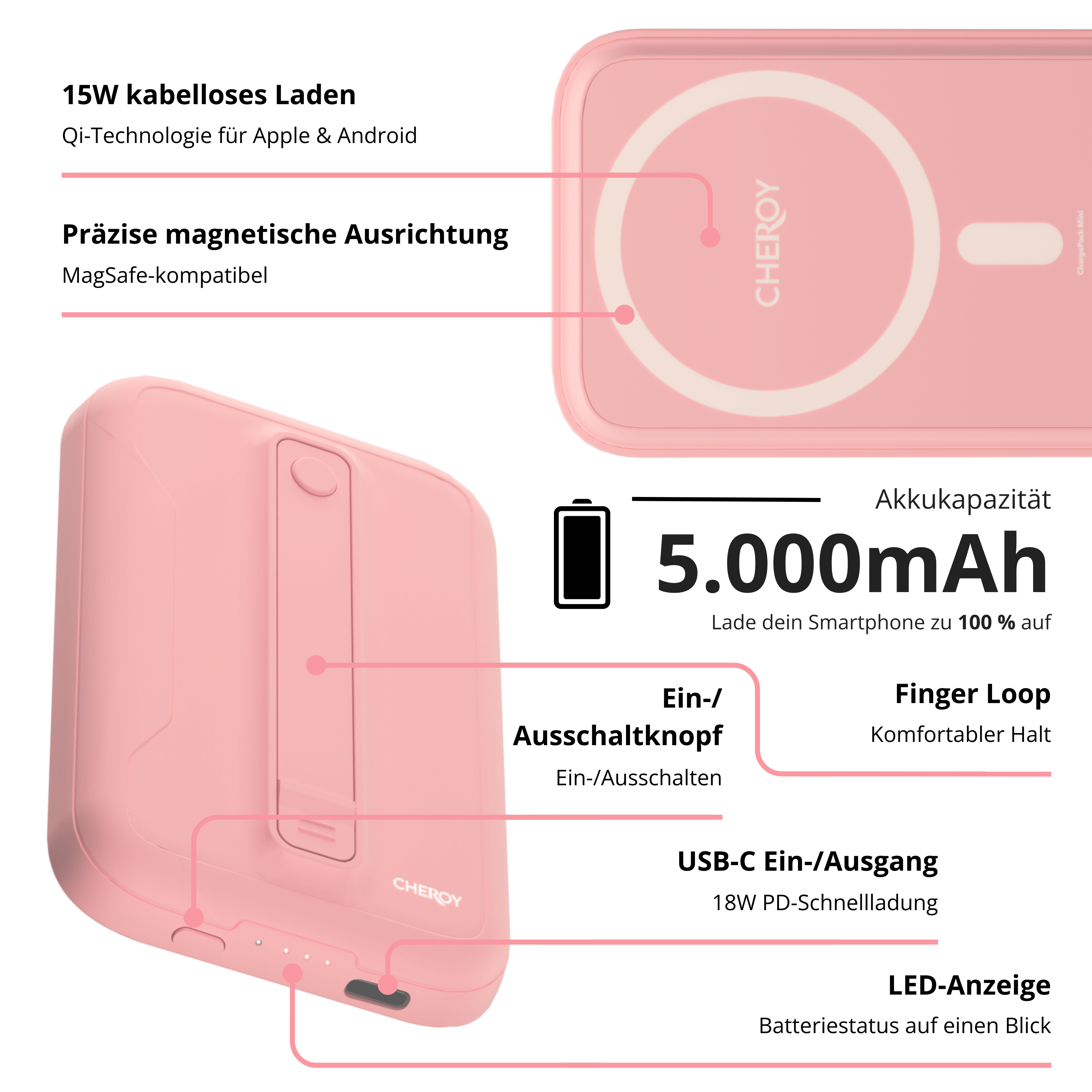 Pinke Cheroy Powerbank mit Textbeschriftungen. Sie hat einen Ladebereich und einen Knopf.