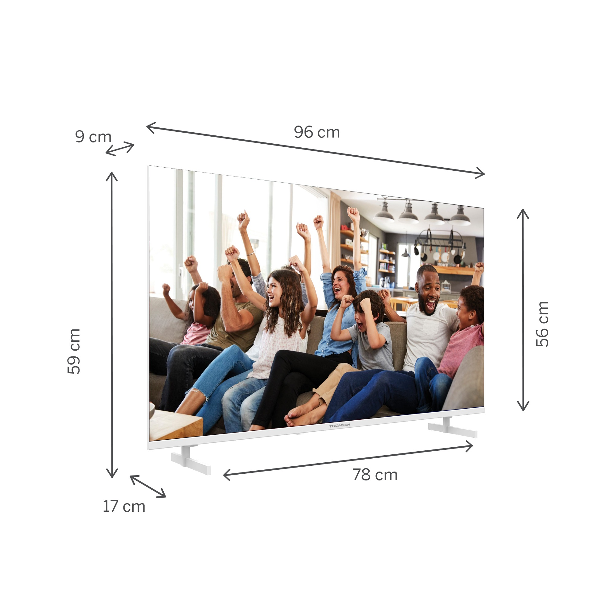Telewizor wyświetla rodzinę oglądającą mecz z etykietami pomiarowymi z boku.