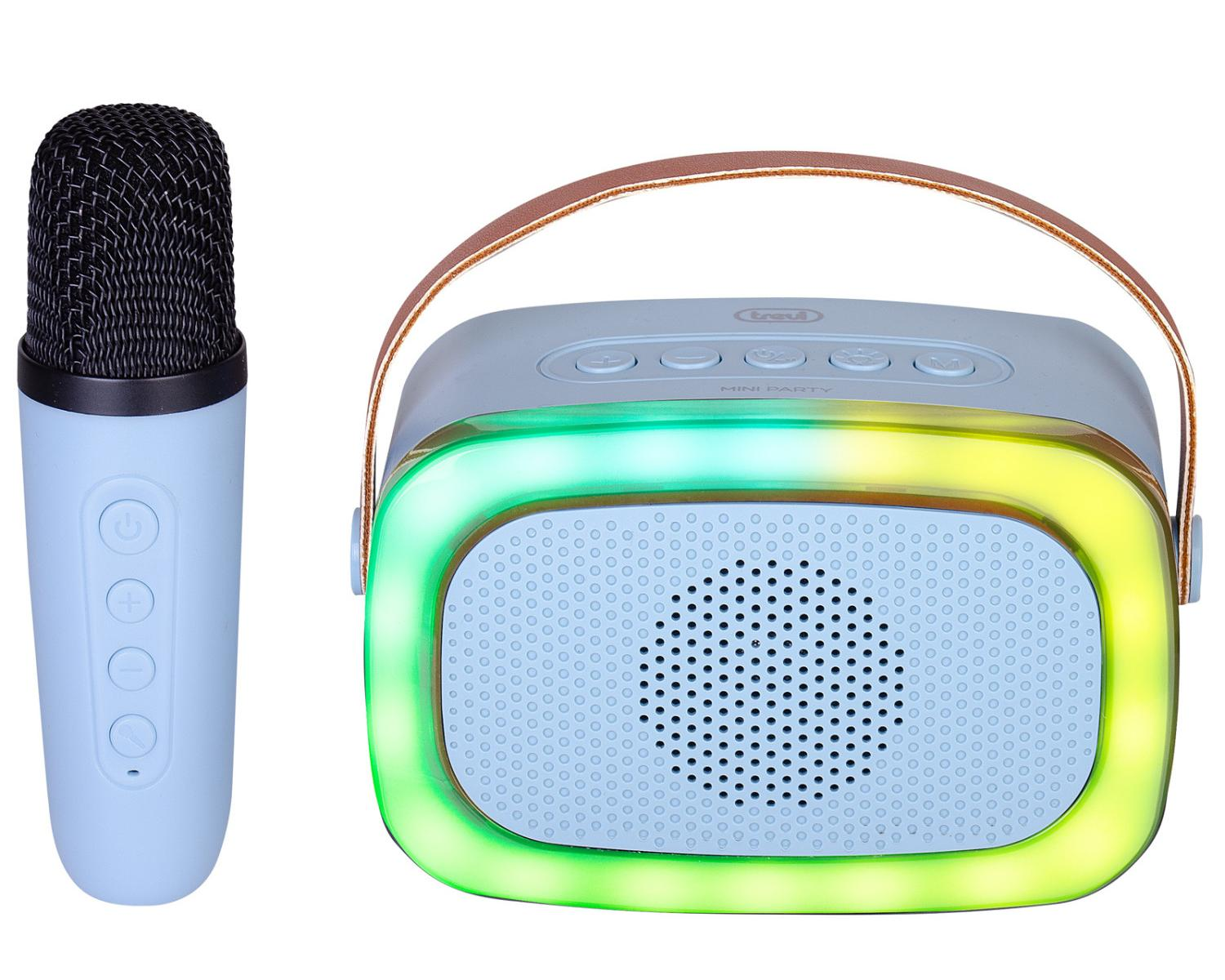 Niebieski głośnik i mikrofon do karaoke. Głośnik ma kolorowe światła.