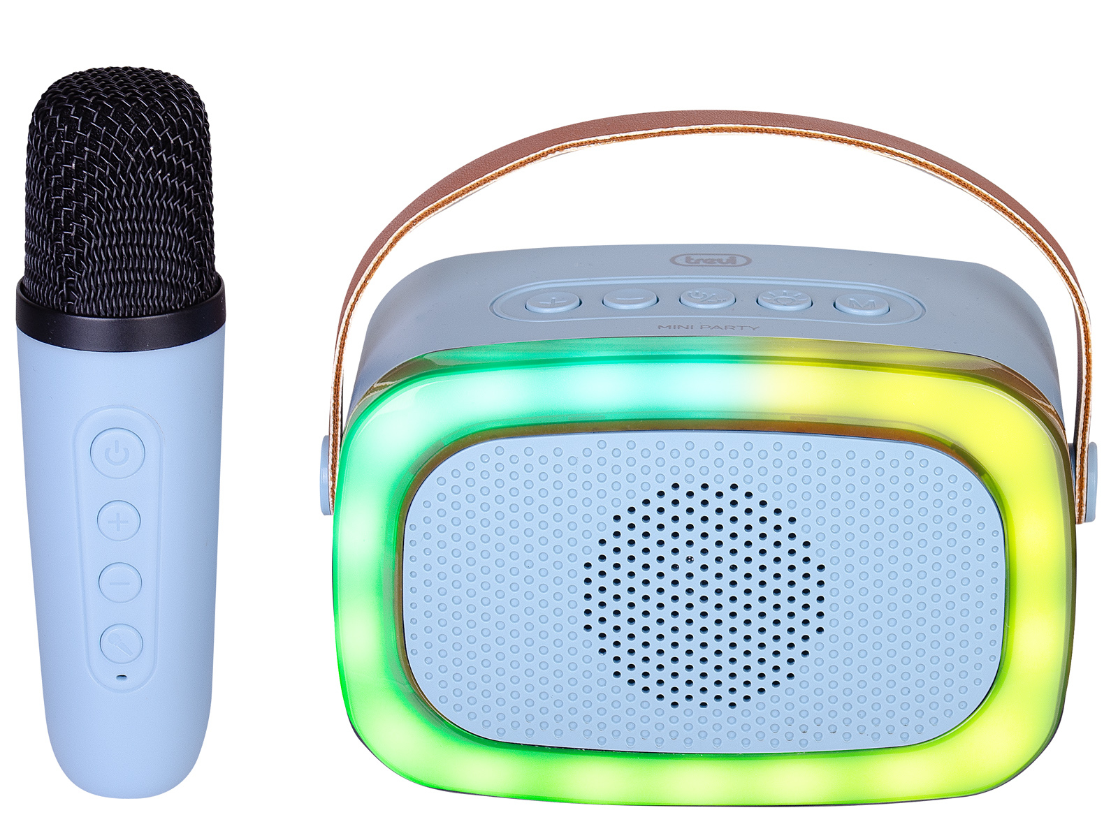 Niebiesko-biały mini głośnik imprezowy z brązowym uchwytem i mikrofonem. Głośnik ma kolorowe światła.