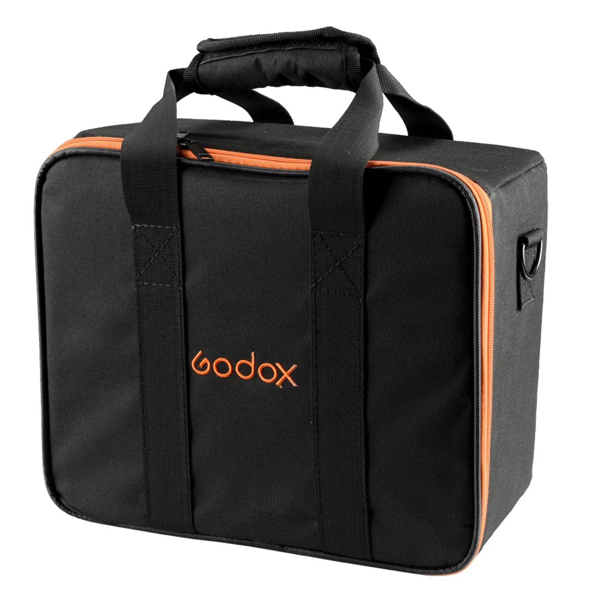 Schwarze Godox-Tasche mit orangefarbenem Reißverschluss und Griff. Orangefarbenes Godox-Logo vorne.