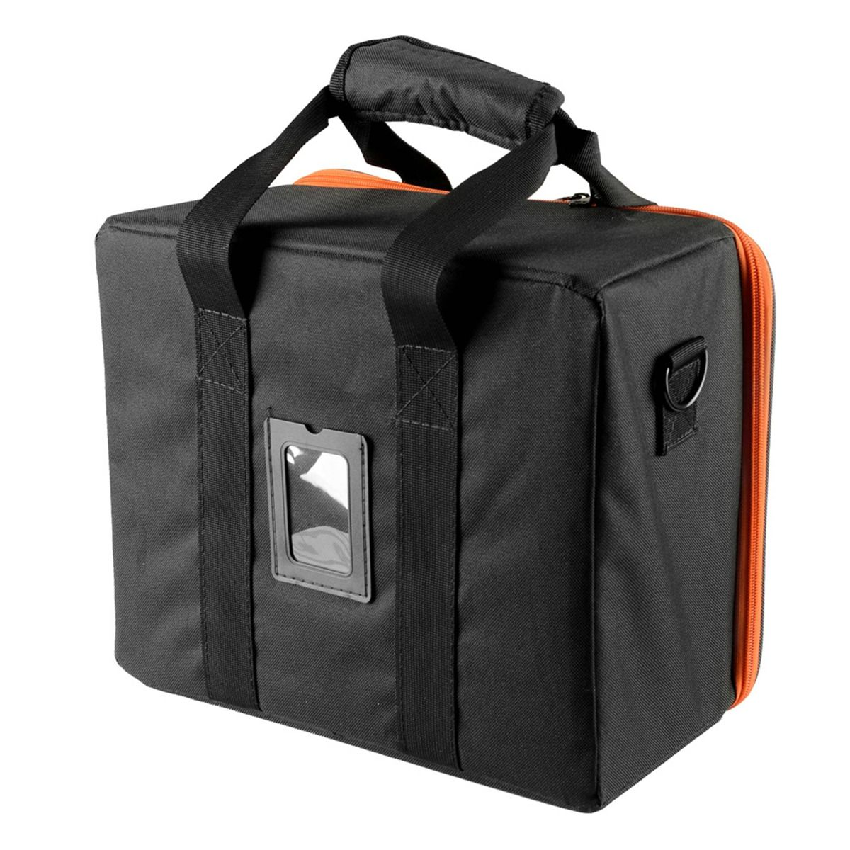 Schwarze und orangefarbene Reisetasche mit Griff, Schultergurt und transparentem Ausweisfenster.