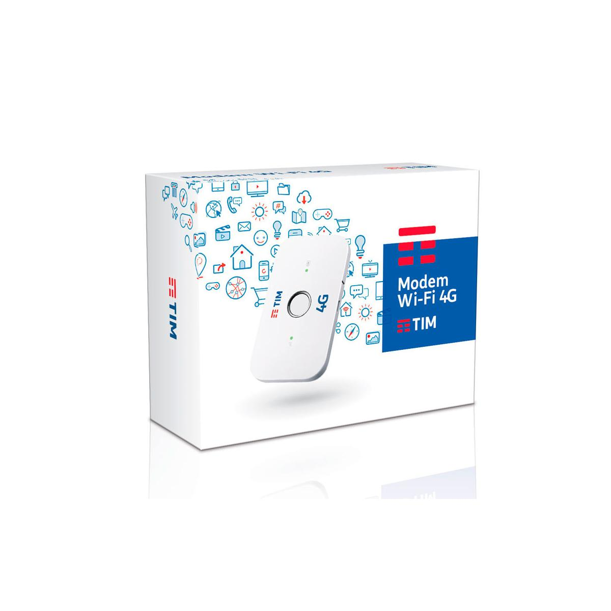 Scatola bianca Modem Wi-Fi 4G con modem, sfondo bianco.