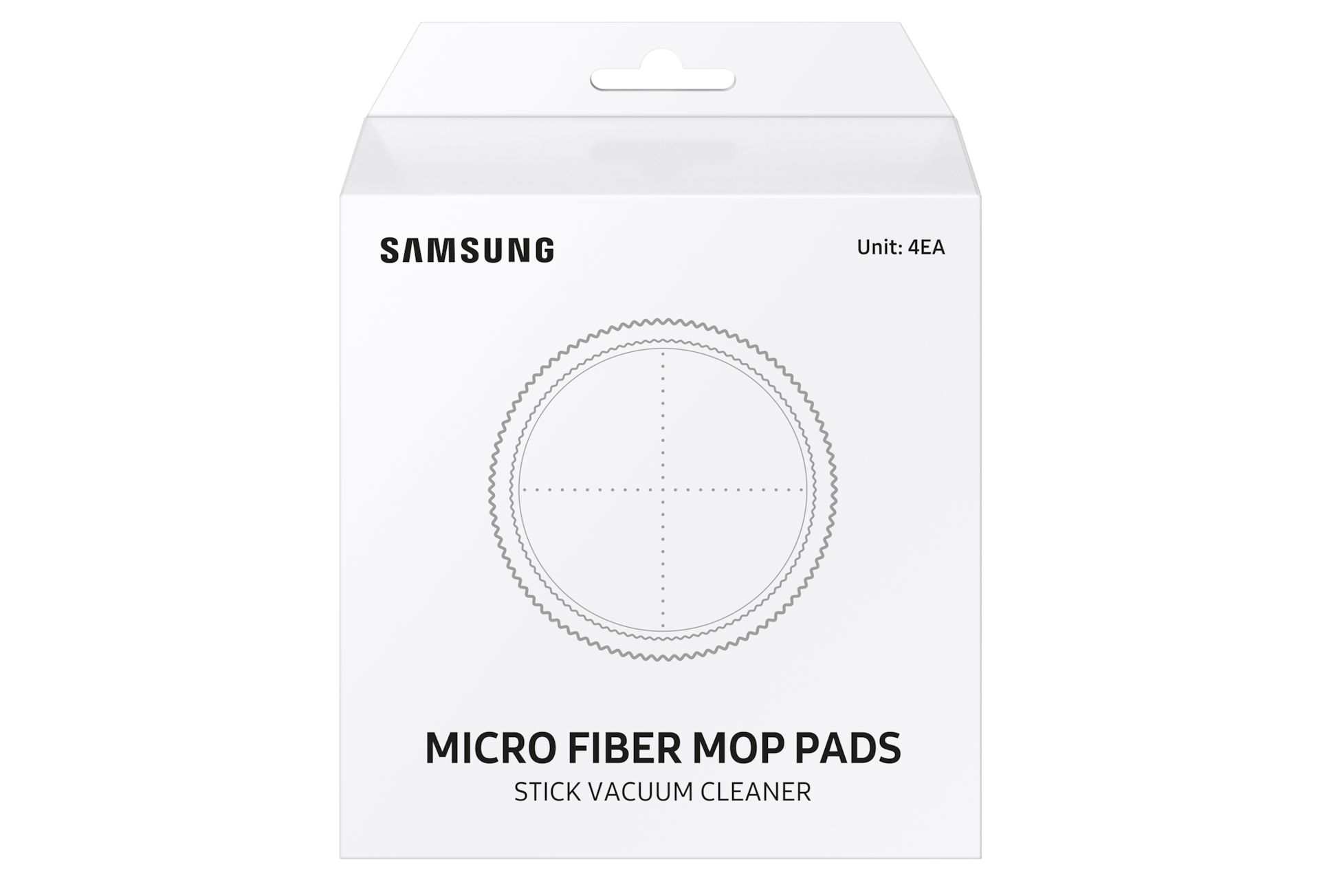Weiße Schachtel mit kreisförmiger Grafik, Text: "MICRO FIBER MOP PADS STICK VACUUM CLEANER." Schwarzer Text, weißer Hintergrund.
