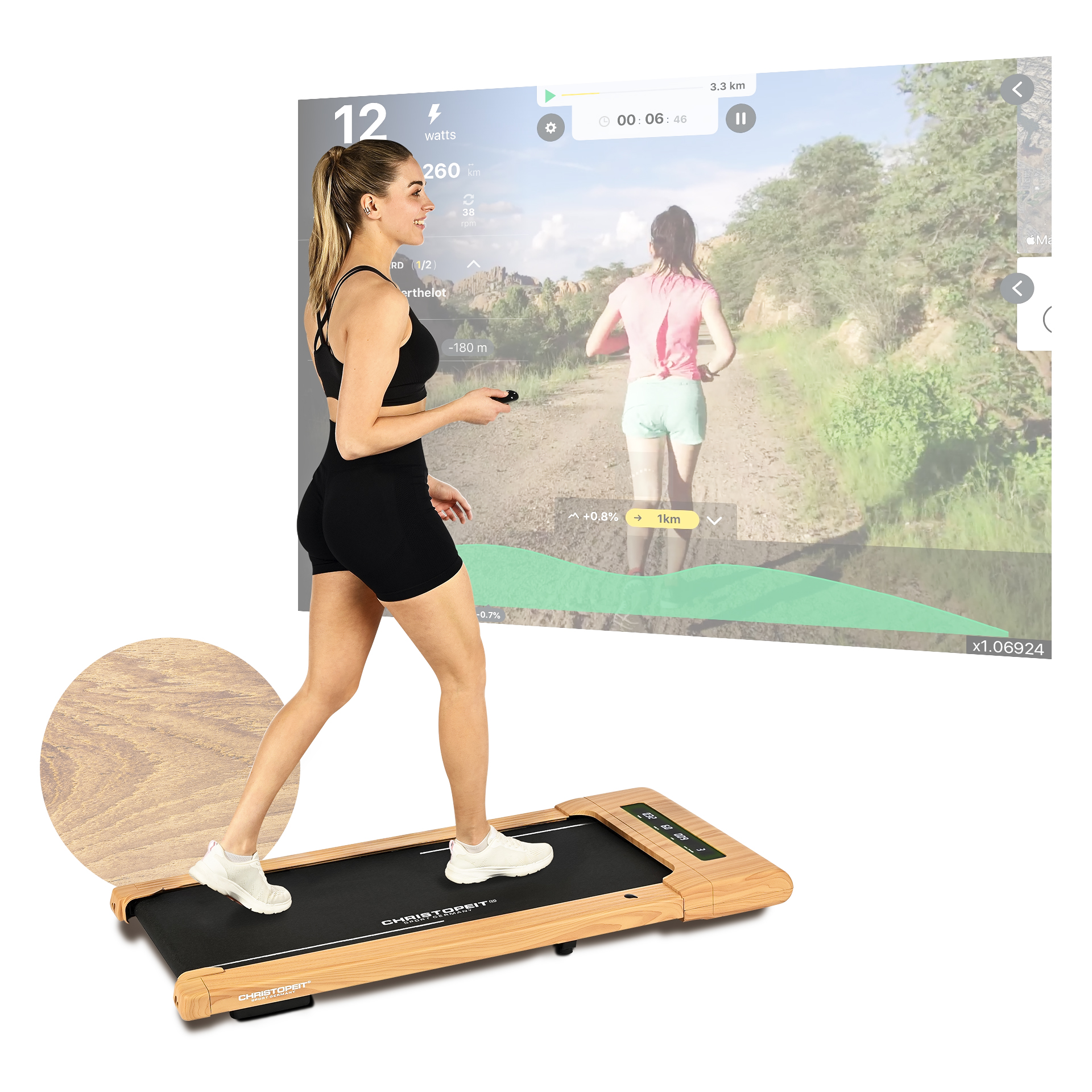 Frau auf einem Laufband, die auf einen Bildschirm schaut, der einen Laufweg zeigt. Holz Akzente sind zu sehen.