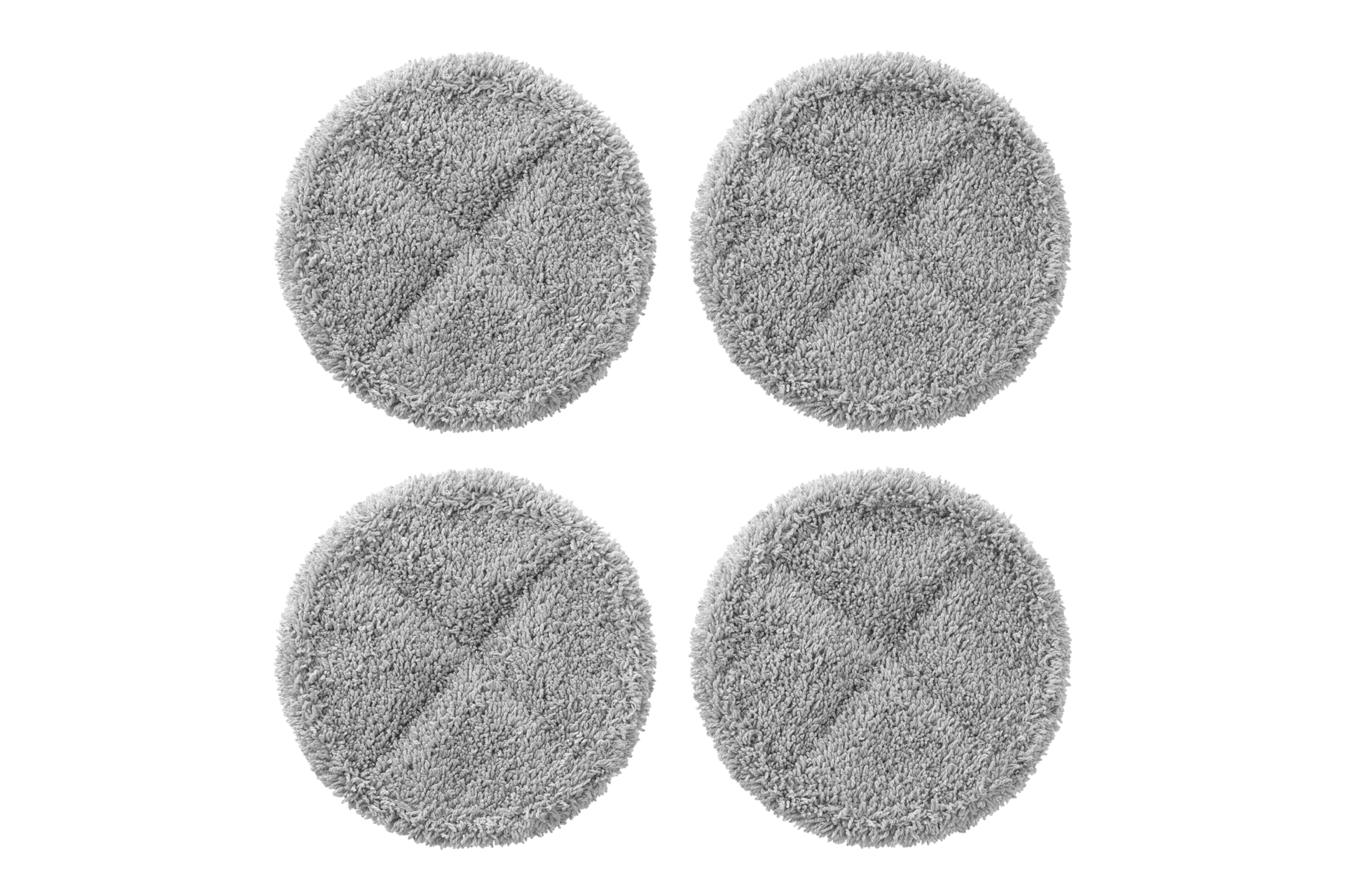 Vier graue, kreisförmige Mopppads, gleichmäßig auf schwarzem Hintergrund verteilt. Jedes hat ein Kreuzmuster.