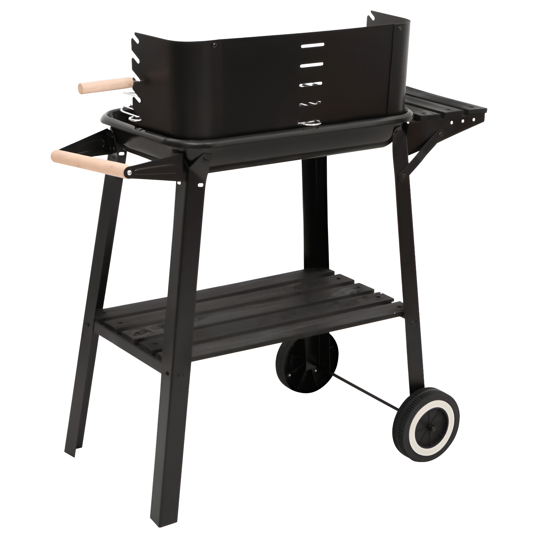 Schwarzer BBQ-Grill mit einem Beistelltisch und zwei Rädern. Es steht auf weißem Hintergrund.