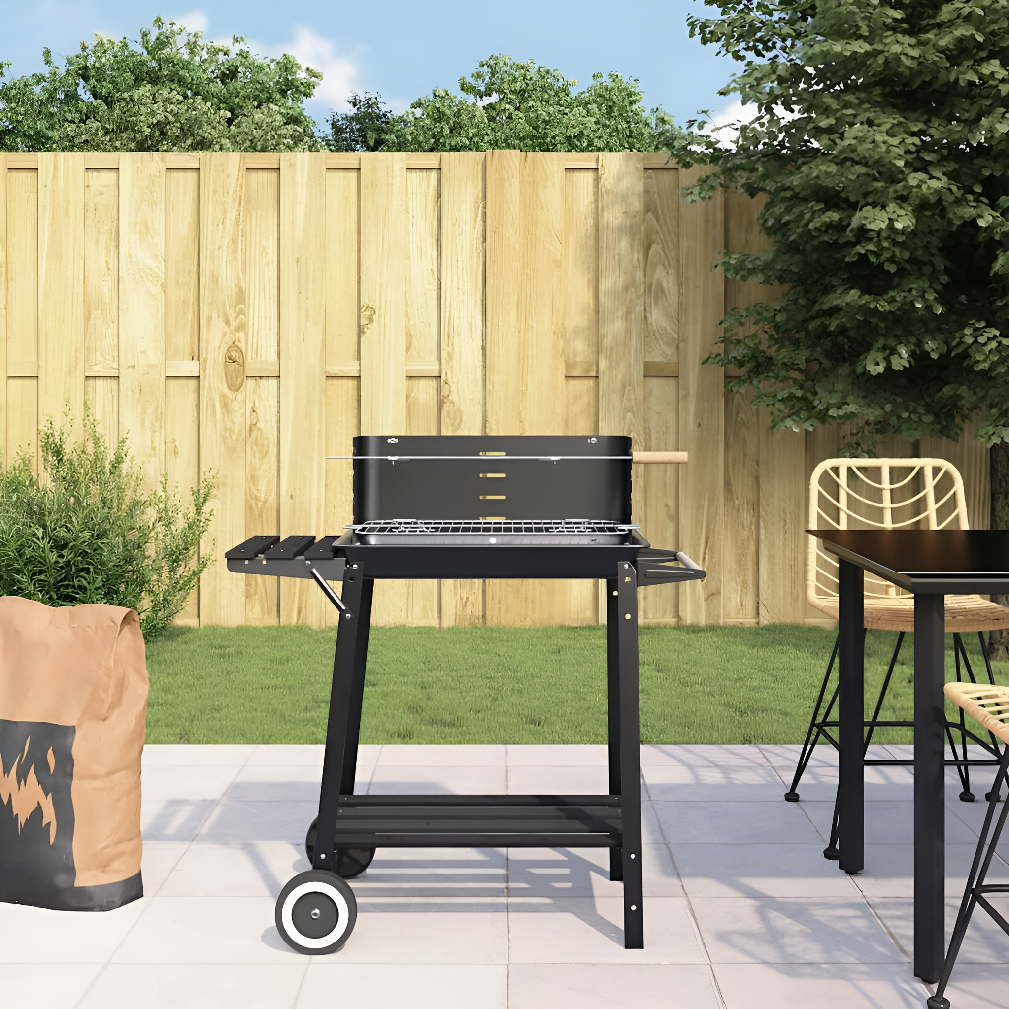 Ein schwarzer Grill mit Holzgriff und zwei Rädern steht auf einer Terrasse. Eine Holzkohletüte ist in der Nähe.