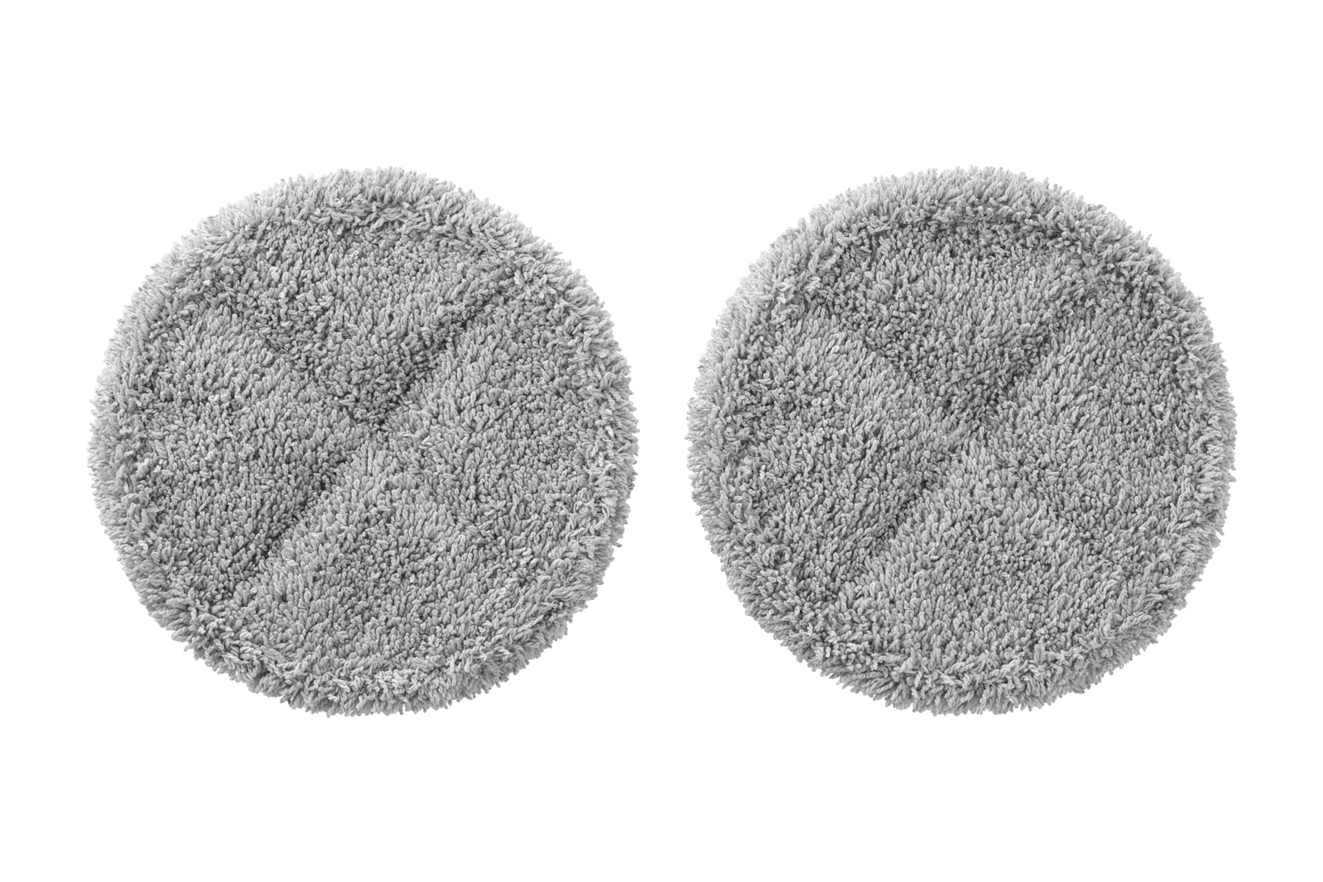 Zwei runde, graue Mikrofaser-Mopppads. Sie befinden sich auf einem schwarzen Hintergrund.