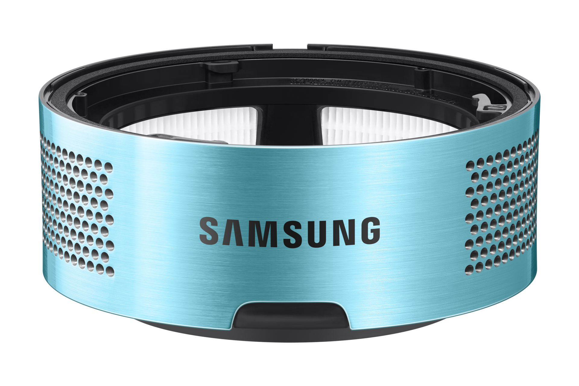 Ein türkis farbener Samsung Filter mit dem Markennamen. Perforierte Seite.