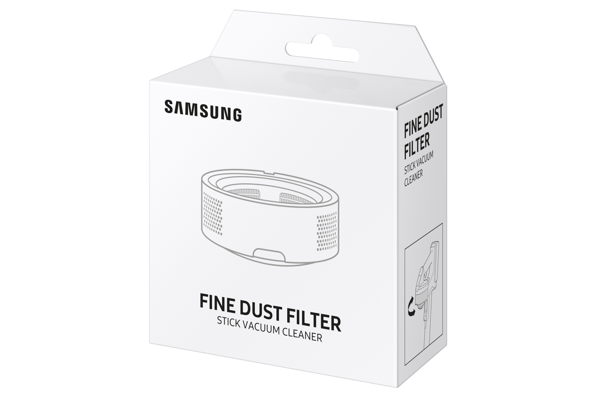 Białe pudełko z 'Filtrem drobnego pyłu' do odkurzacza, z logo Samsung.