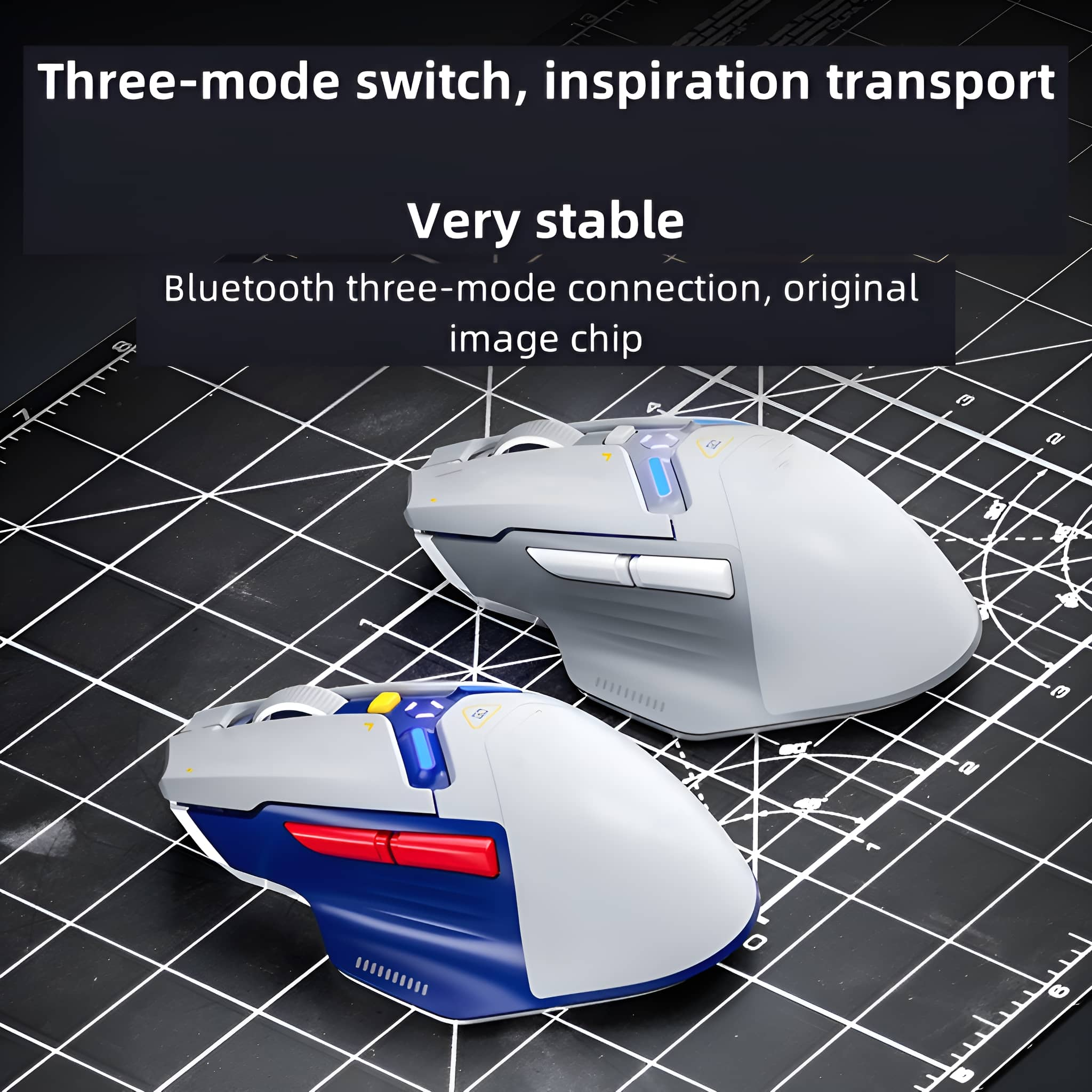 Zwei ergonomische Computermaus, grau und blau. Sie befinden sich auf einem Rastermuster und Text steht oben.