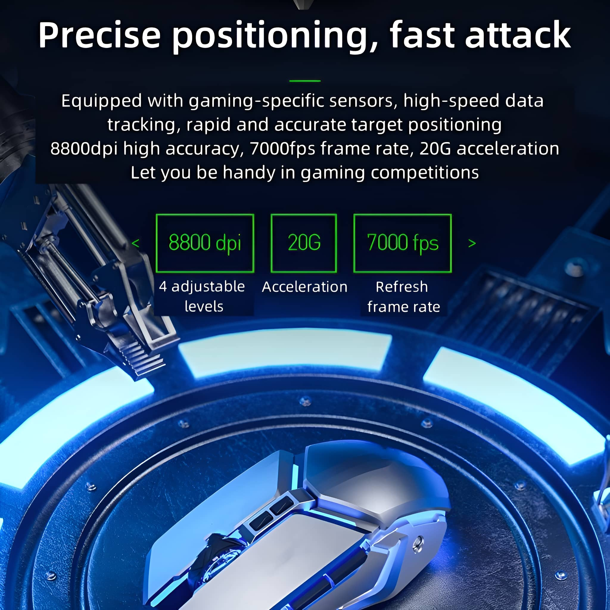 Eine Gaming-Maus wird blau beleuchtet. Text beschreibt DPI, G und FPS.