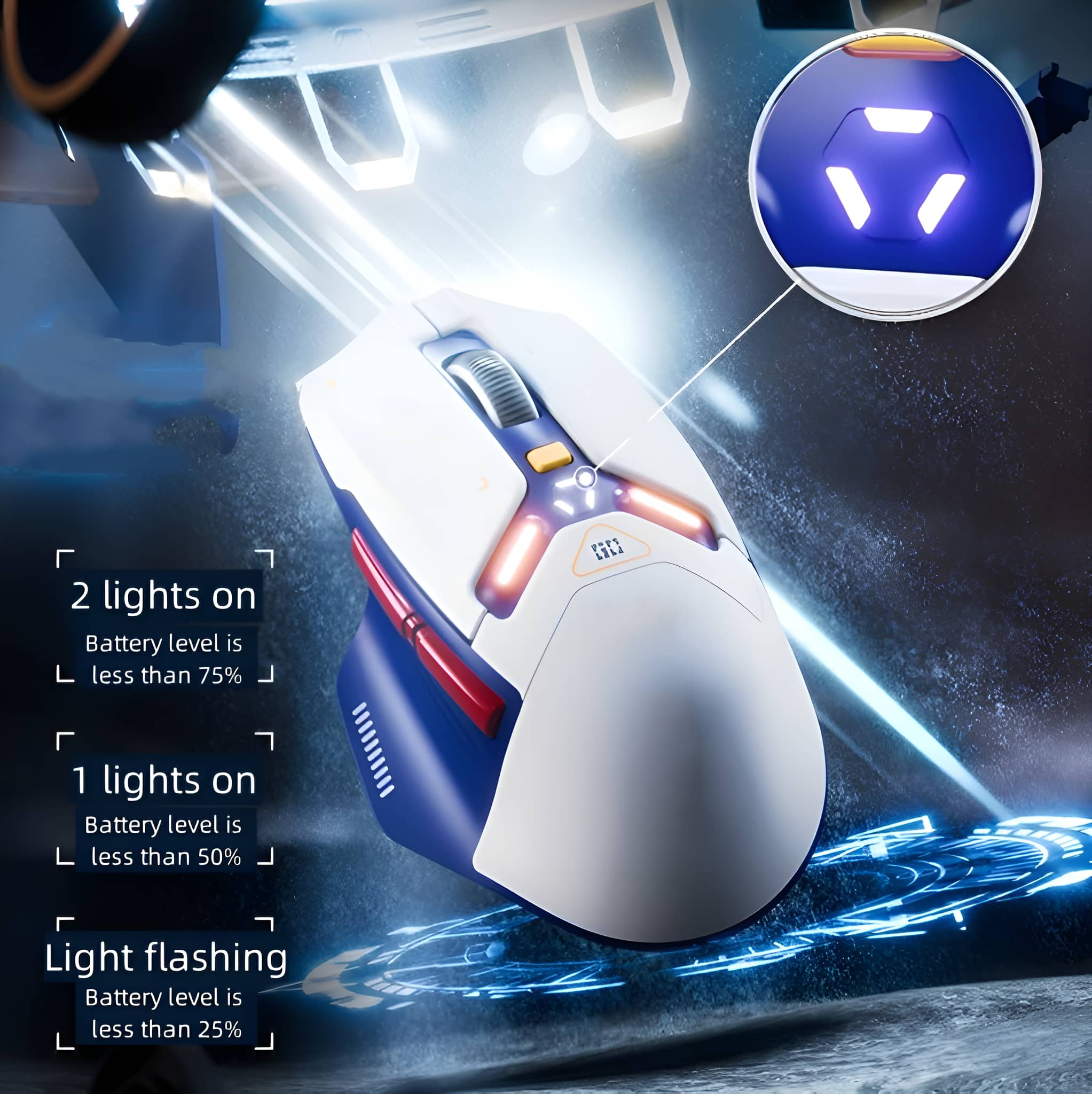 Weiße und blaue Gaming-Maus mit LED-Beleuchtung. Text: 2 Lichter an - Akku weniger als 75 %.