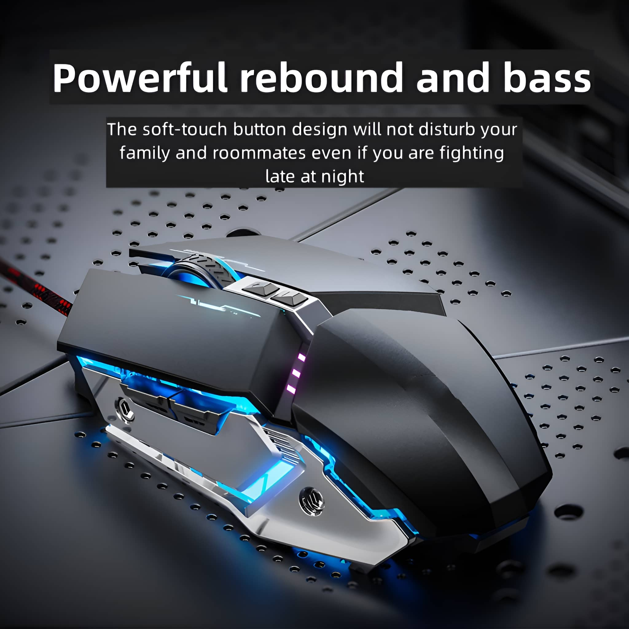 Eine Gaming-Maus mit blauen und lila Lichtern. Die Maus ist schwarz und silber.