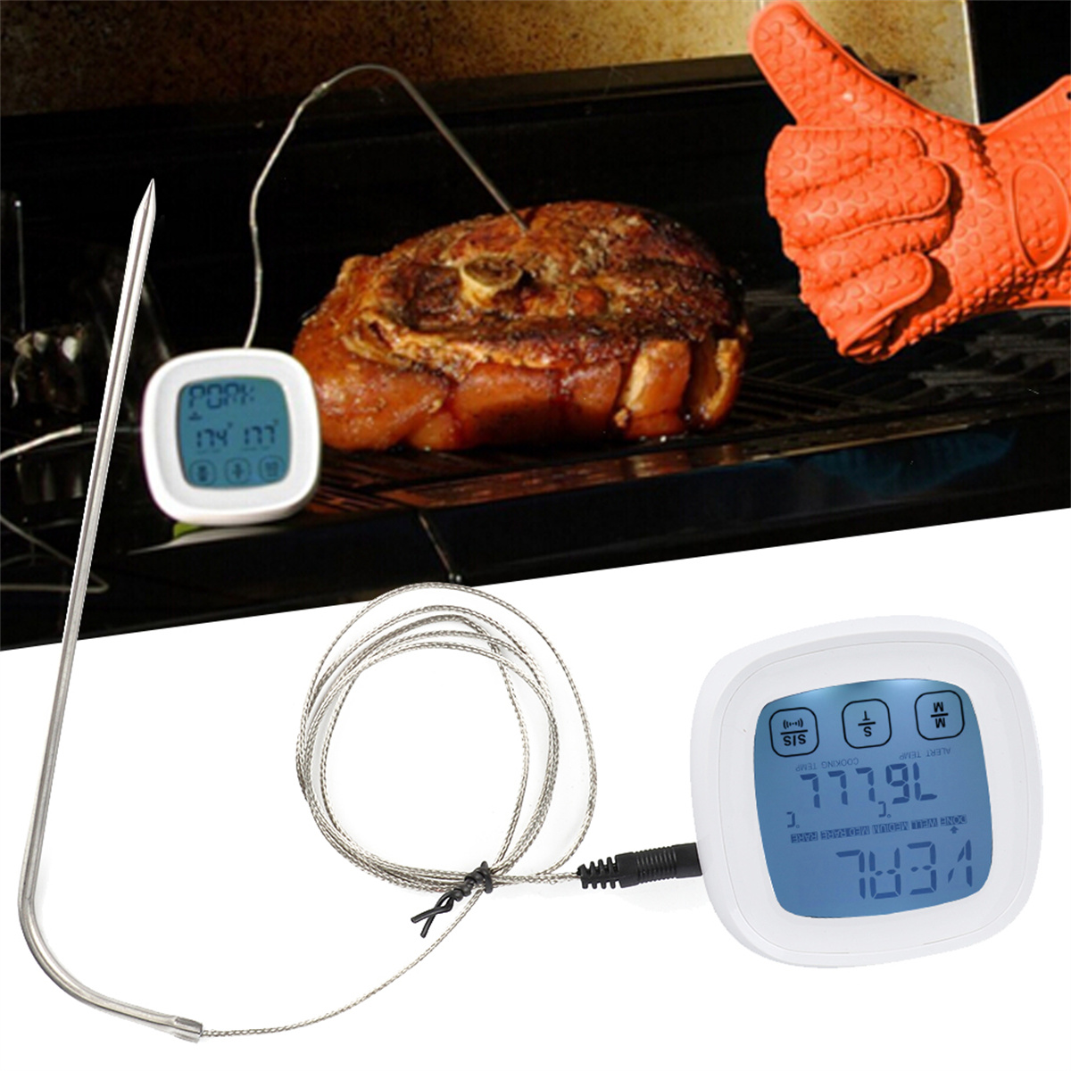 Fleisch auf Grill mit Thermometer und Digitalanzeige, und orangefarbener hitzebeständiger Handschuh.