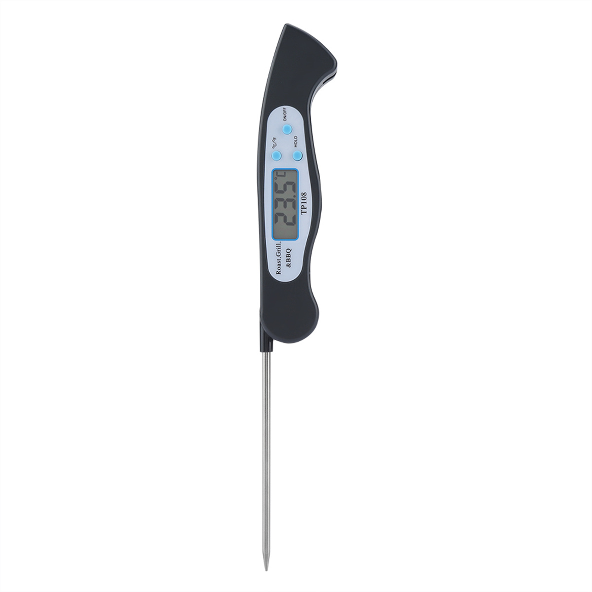 Ein schwarzes digitales Lebensmittelt hermometer, das eine Temperatur von 23,5 Grad anzeigt. Hat eine lange Metallsonde.