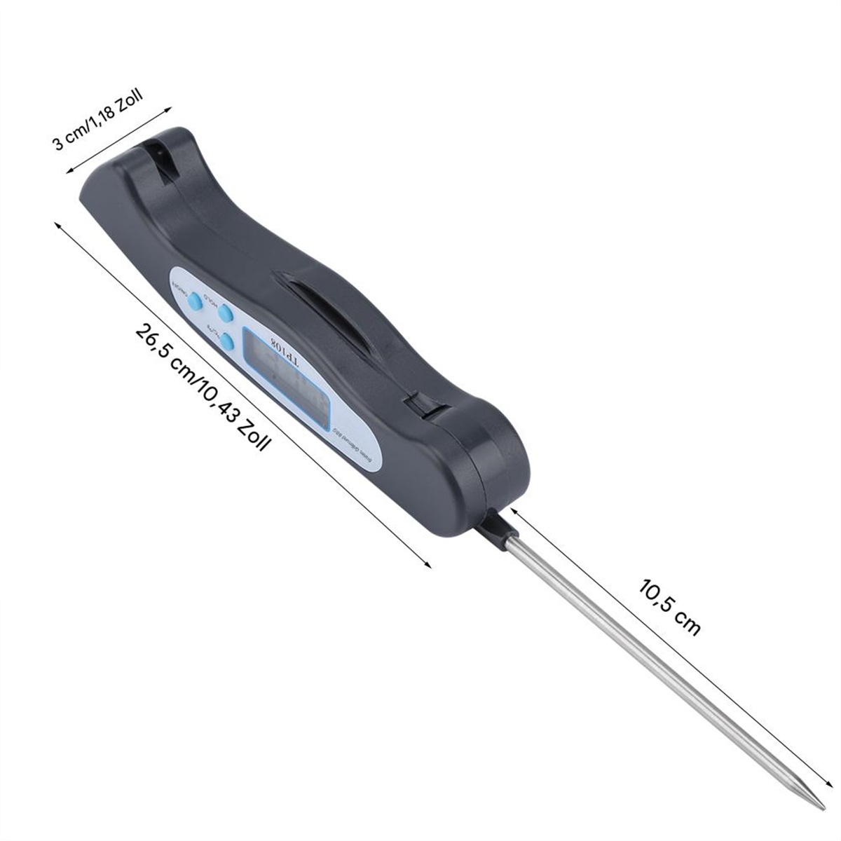 Schwarzes digitales Thermometer mit Metallsonde, Maße in cm und Zoll.