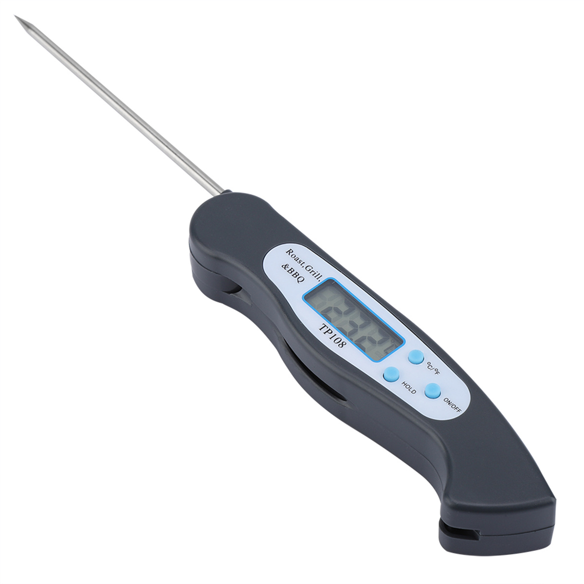 Digitales Lebensmitteltemperaturmessgerät mit grauem Griff und langer Metallsonde. Es zeigt die Temperatur an.