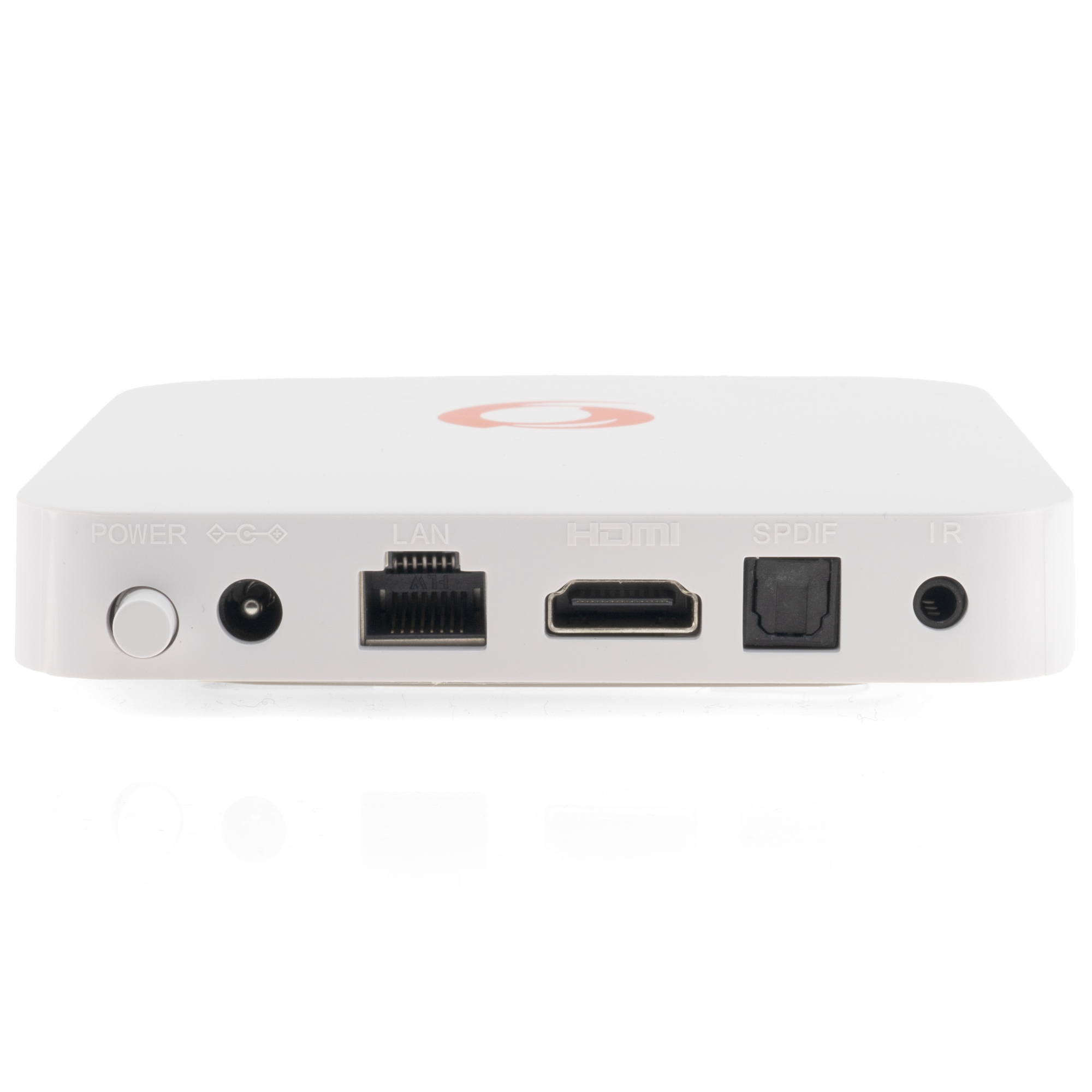 Eine weiße Set-Top-Box mit mehreren Anschlüssen: Strom, LAN, HDMI, SPDIF und IR.