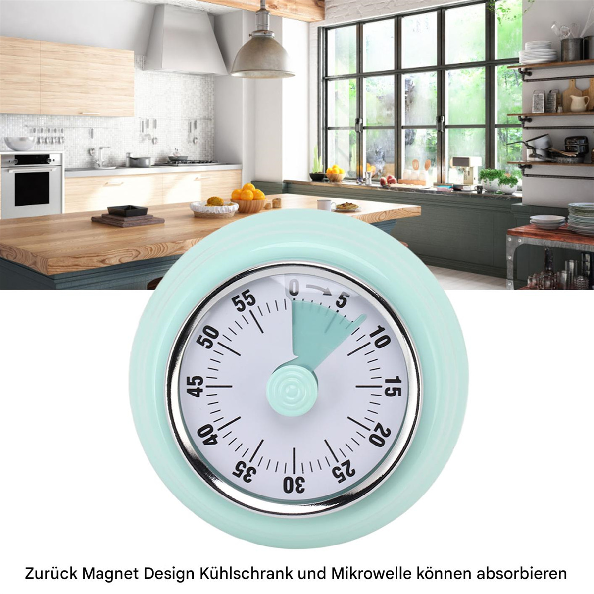Ein hellblauer Küchenwecker mit weißem Ziffernblatt. Der Timer ist auf etwa 5 Minuten eingestellt.