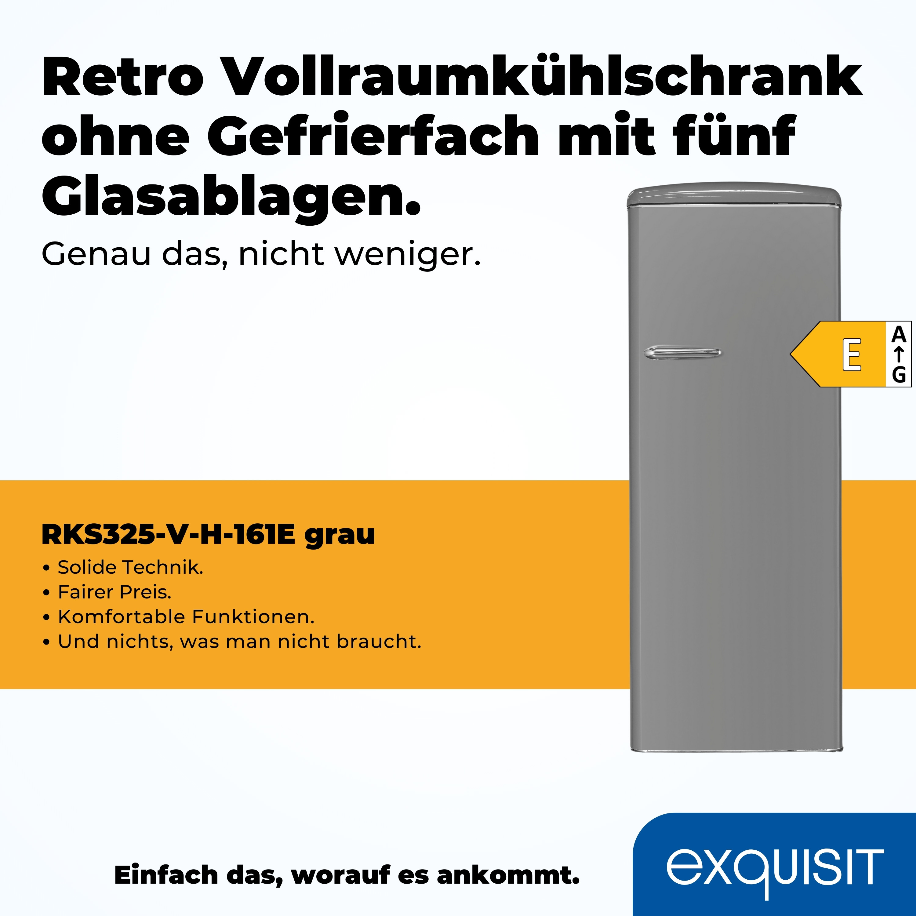 Grauer Retro-Kühlschrank mit Text und Energieeffizienzlabel.