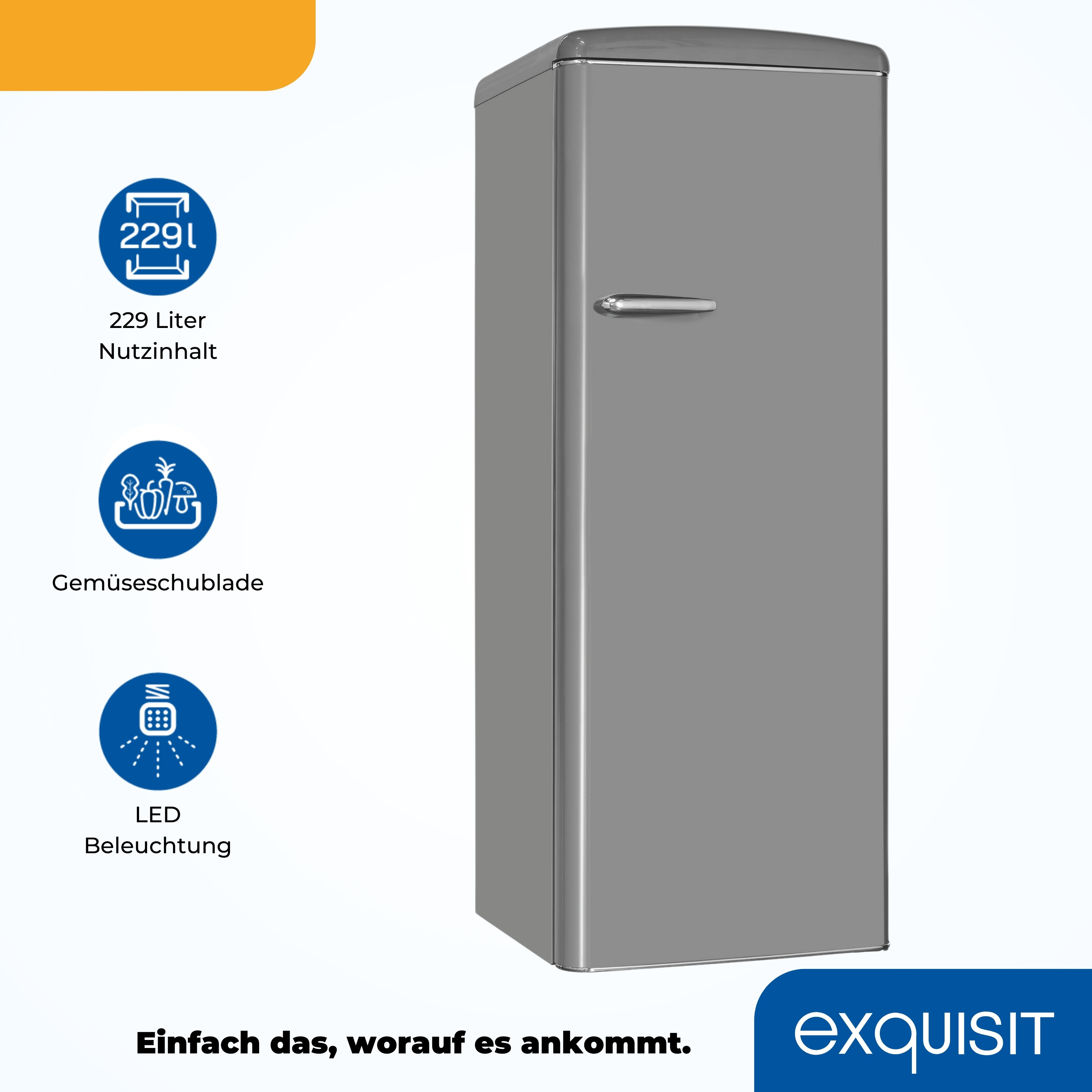 Grauer Kühlschrank mit Text und Symbolen, sowie der Marke EXQUISIT, freigestellt.