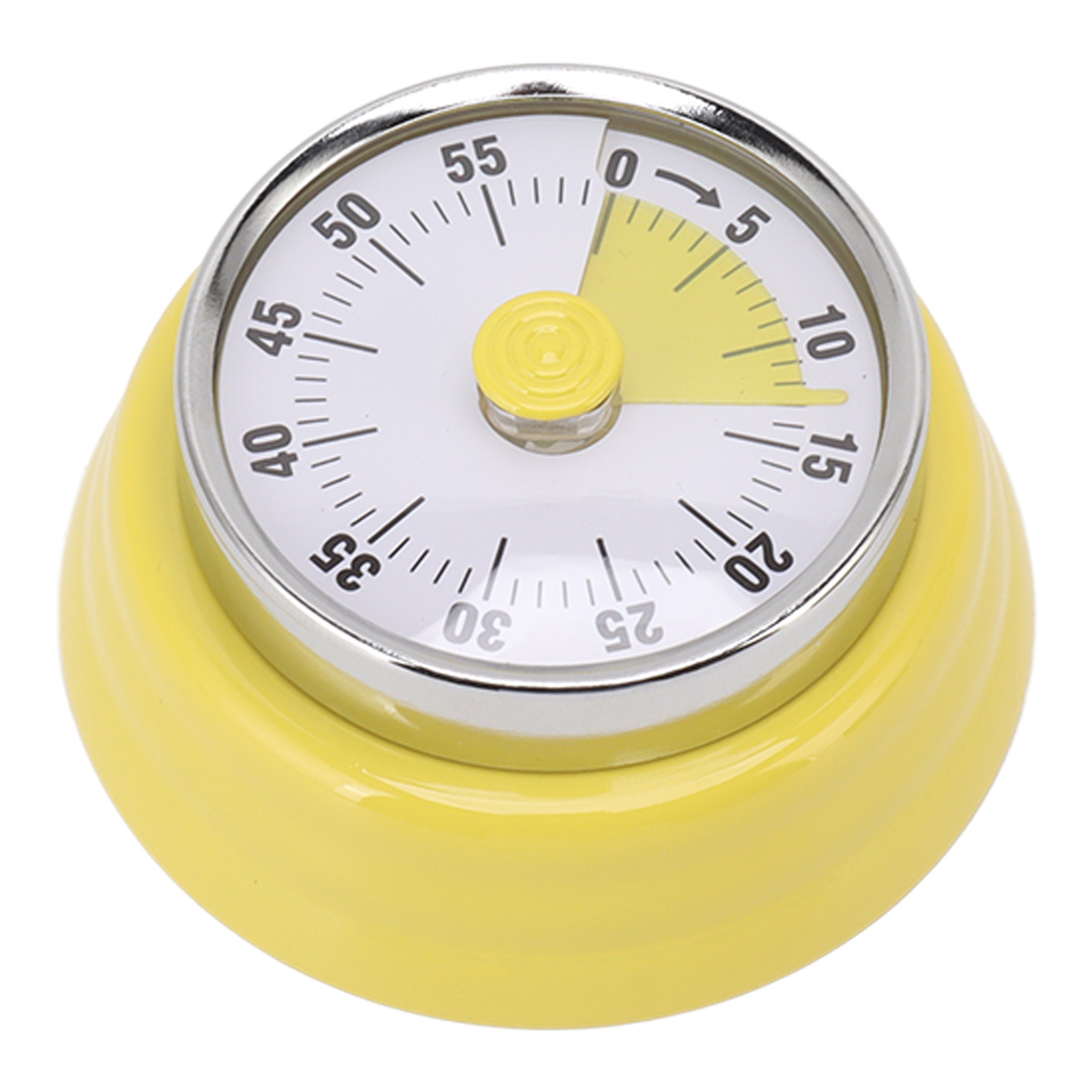 Ein gelber Küchentimer mit weißem Zifferblatt und gelbem Drehknopf. Der Timer zeigt die verbleibende Zeit an.