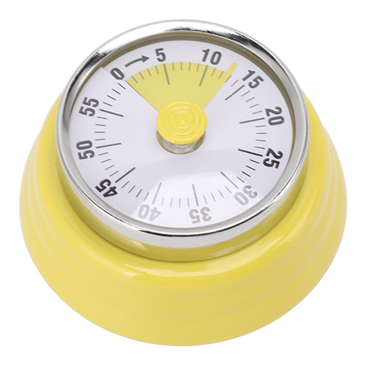 Gelber Küchentimer mit weißem Zifferblatt und silbernem Ring. Auf 10 Minuten eingestellt.