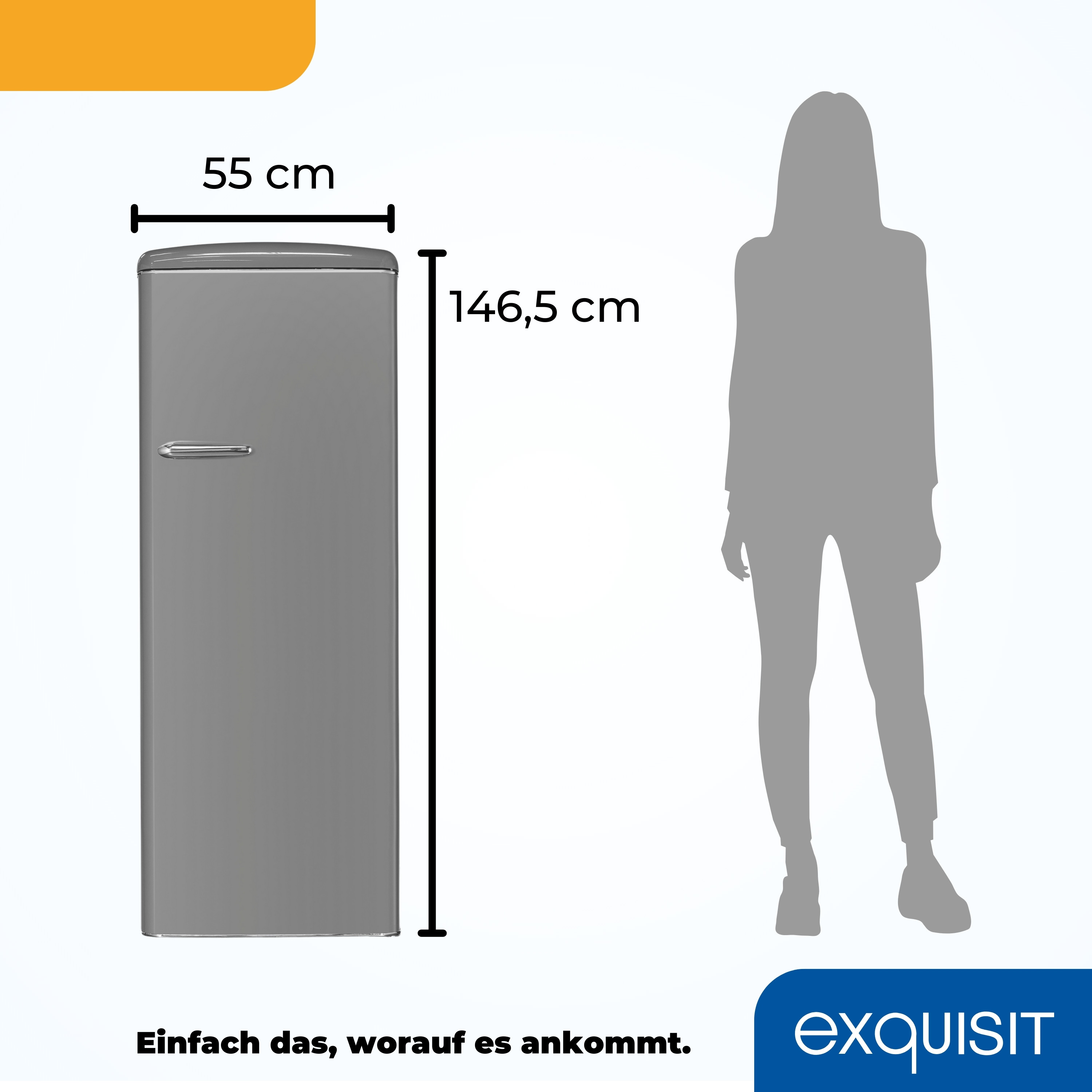 Ein grauer Kühlschrank mit Abmessungen und einer Personensilhouette. Der Hintergrund ist blau.