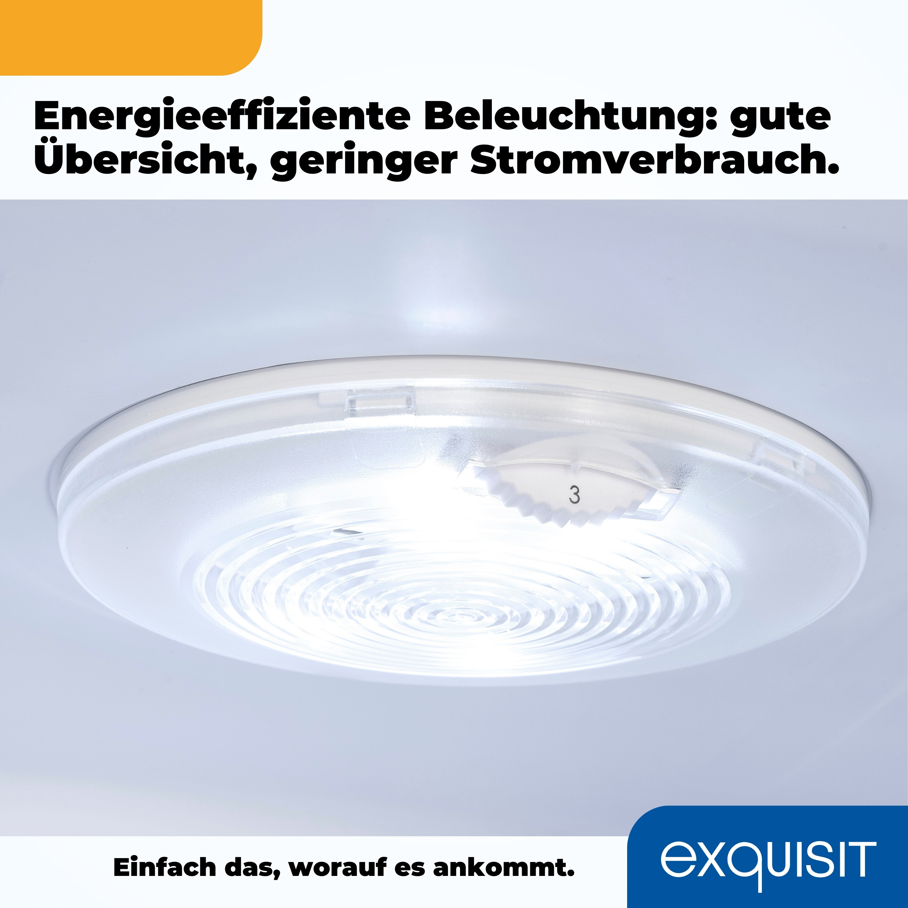 Eine Deckenleuchte. Sie hat eine weiße Abdeckung und eine sichtbare Zahl '3'. Text auf Deutsch. Es ist beleuchtet.