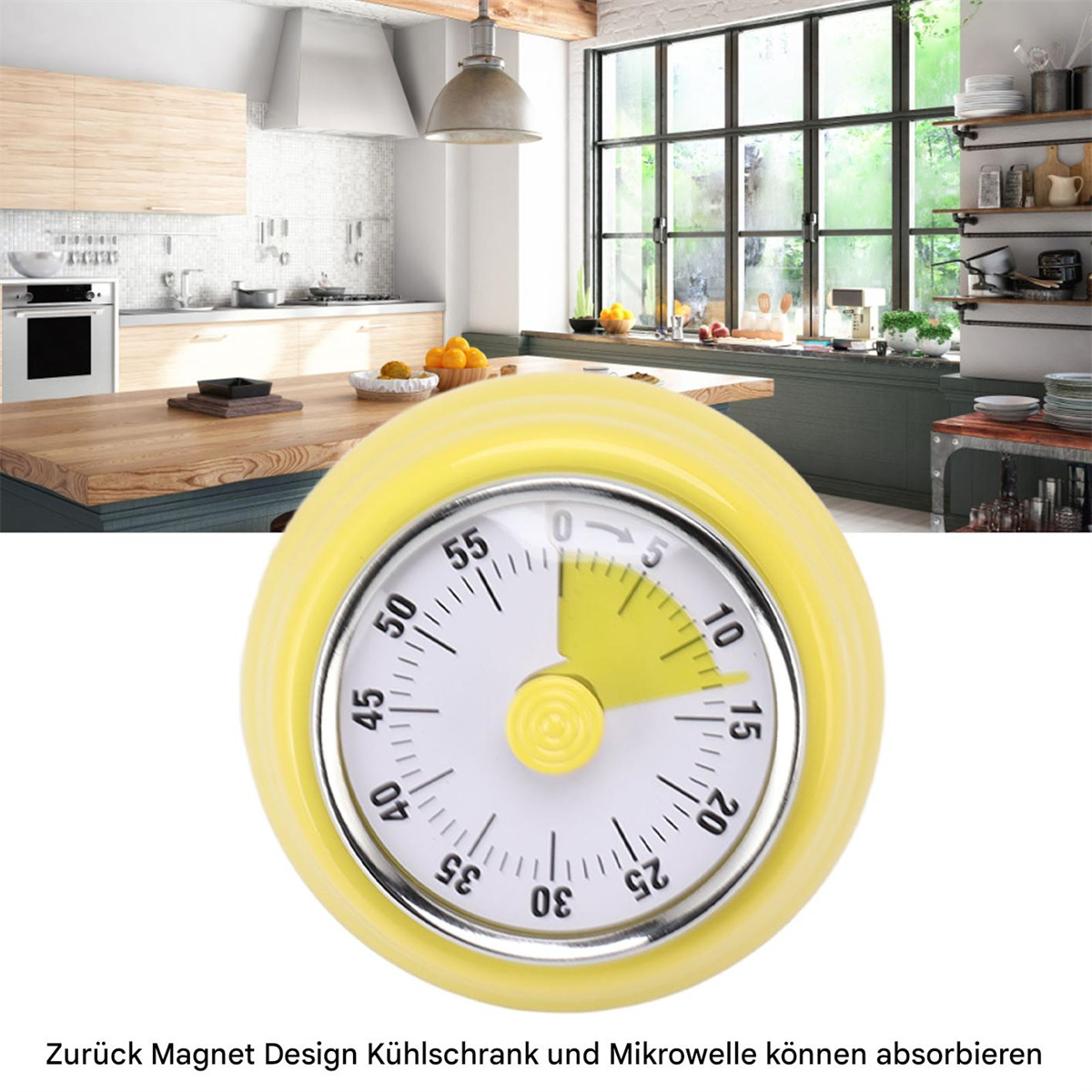 Gelber Küchentimer mit weißem Zifferblatt, der die Restzeit anzeigt. Auf etwa 10 Minuten eingestellt.