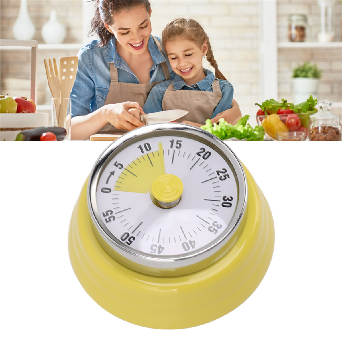 Ein Timer mit gelber Basis, eine Frau und ein Mädchen beim Schneiden von Essen und Text über Geschenke für Väter.