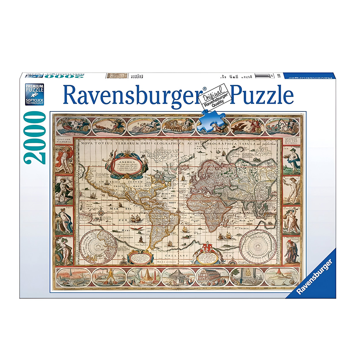 Puzzle Ravensburger 2000 elementów przedstawiające mapę świata. Puzzle mają niebieskie logo Ravensburger.