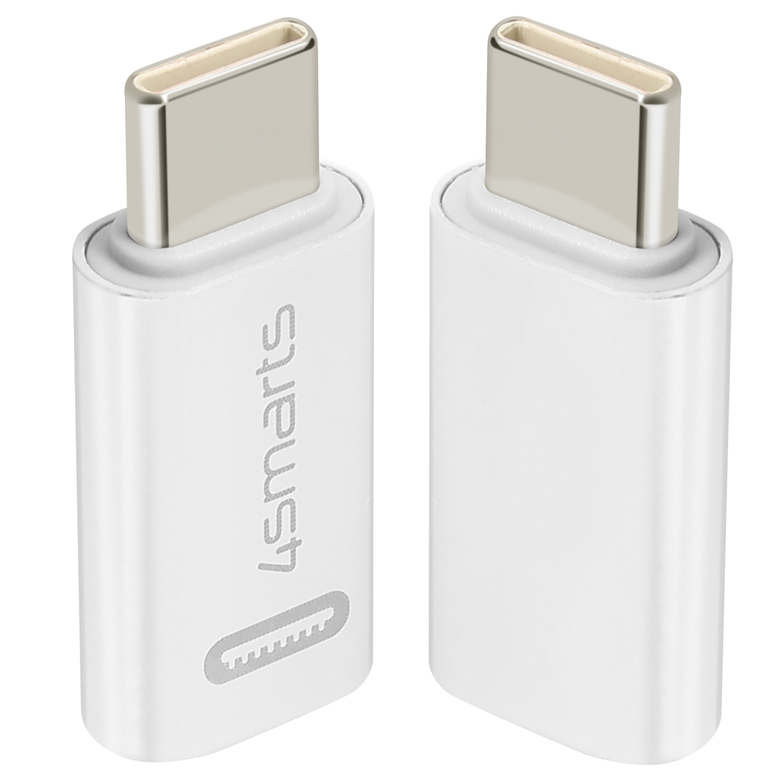 Deux adaptateurs USB-C blancs avec connecteurs argentés, isolés sur blanc.
