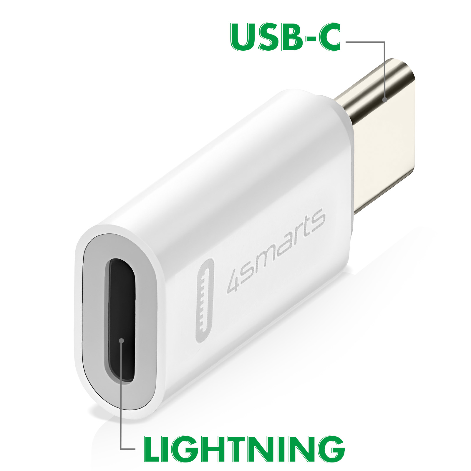 Adaptateur USB-C vers Lightning blanc. Les mots USB-C et LIGHTNING sont étiquetés.