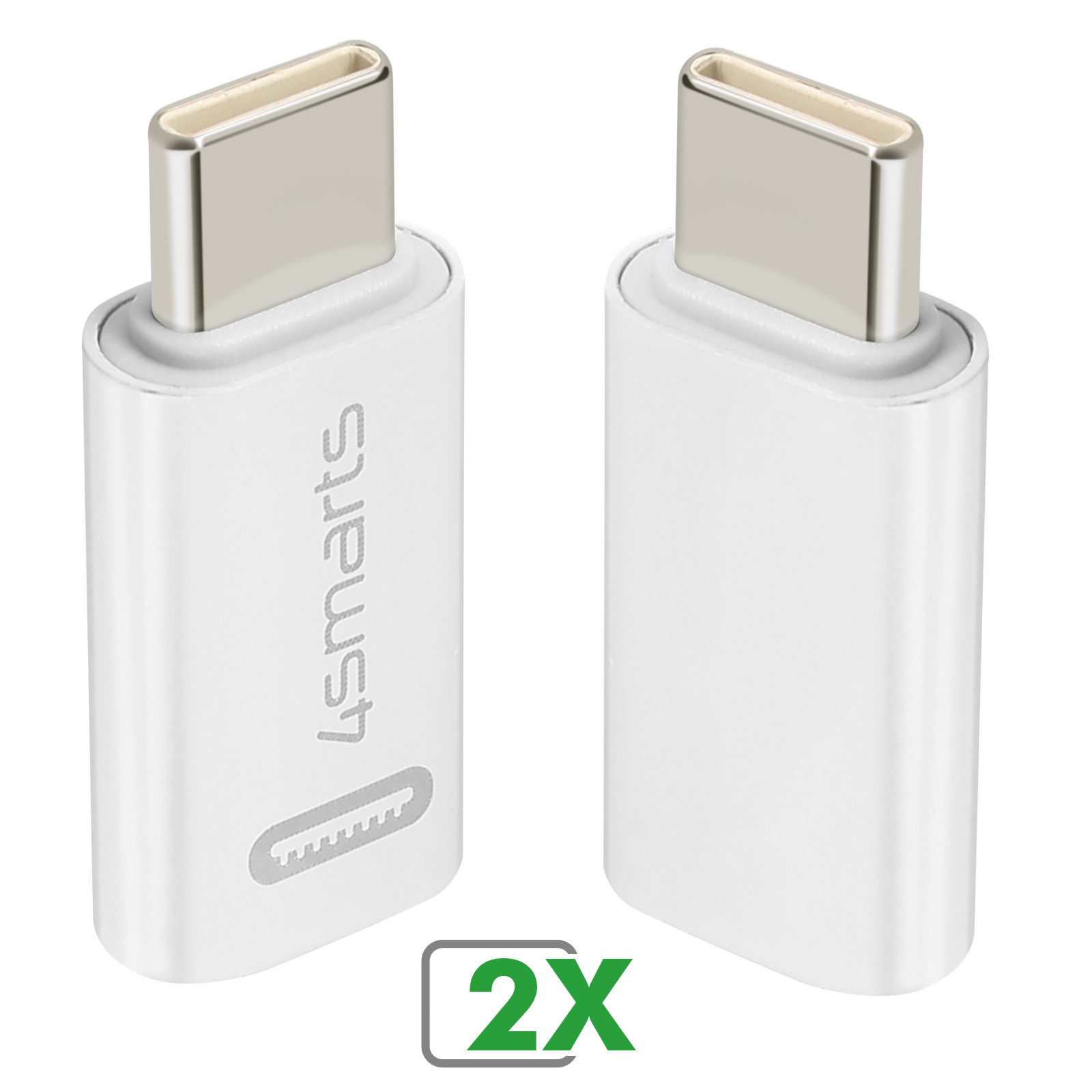 Deux adaptateurs USB-C blancs avec connecteurs argentés et étiquette verte '2X'.