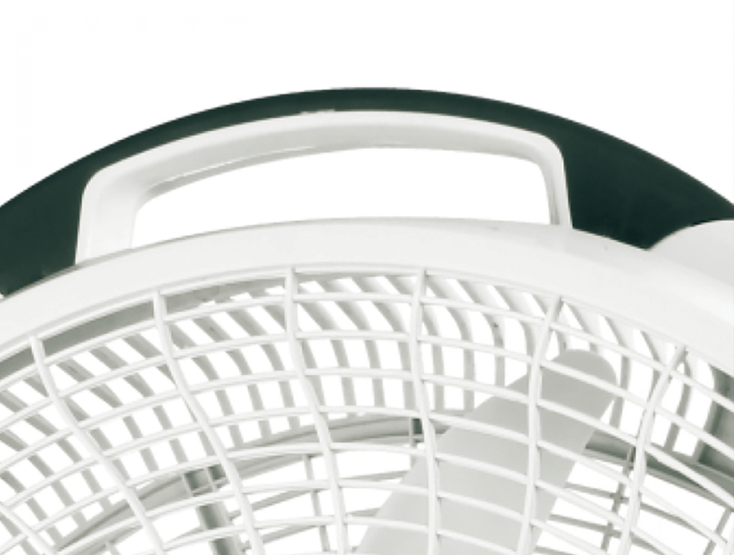 Nahaufnahme eines weißen Box-Ventilators mit einem Griff oben. Der Ventilator hat ein Gitterdesign.