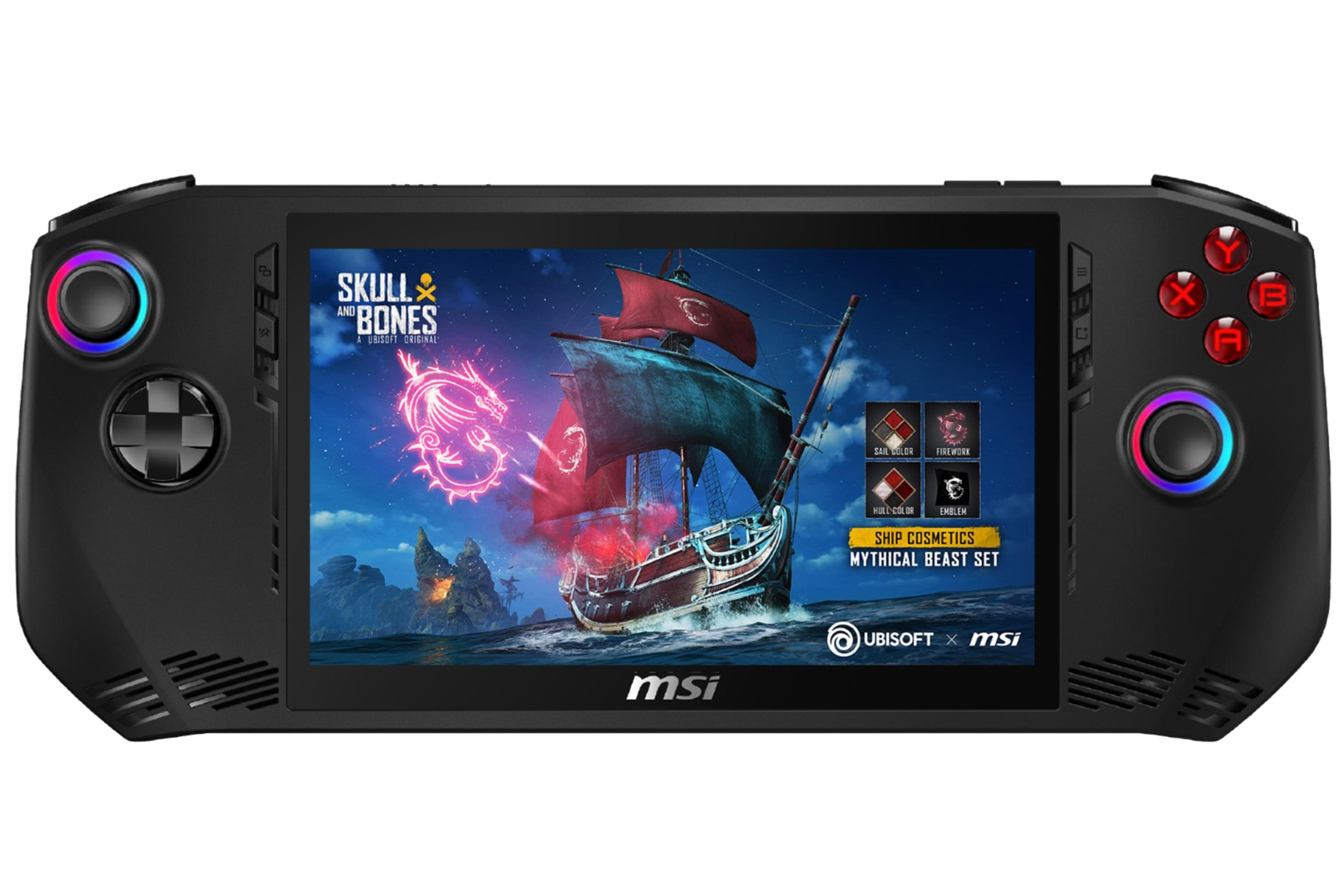 Schwarze Handheld-Konsole mit Bildschirm, der ein Spiel zeigt, von MSI und Skull and Bones.