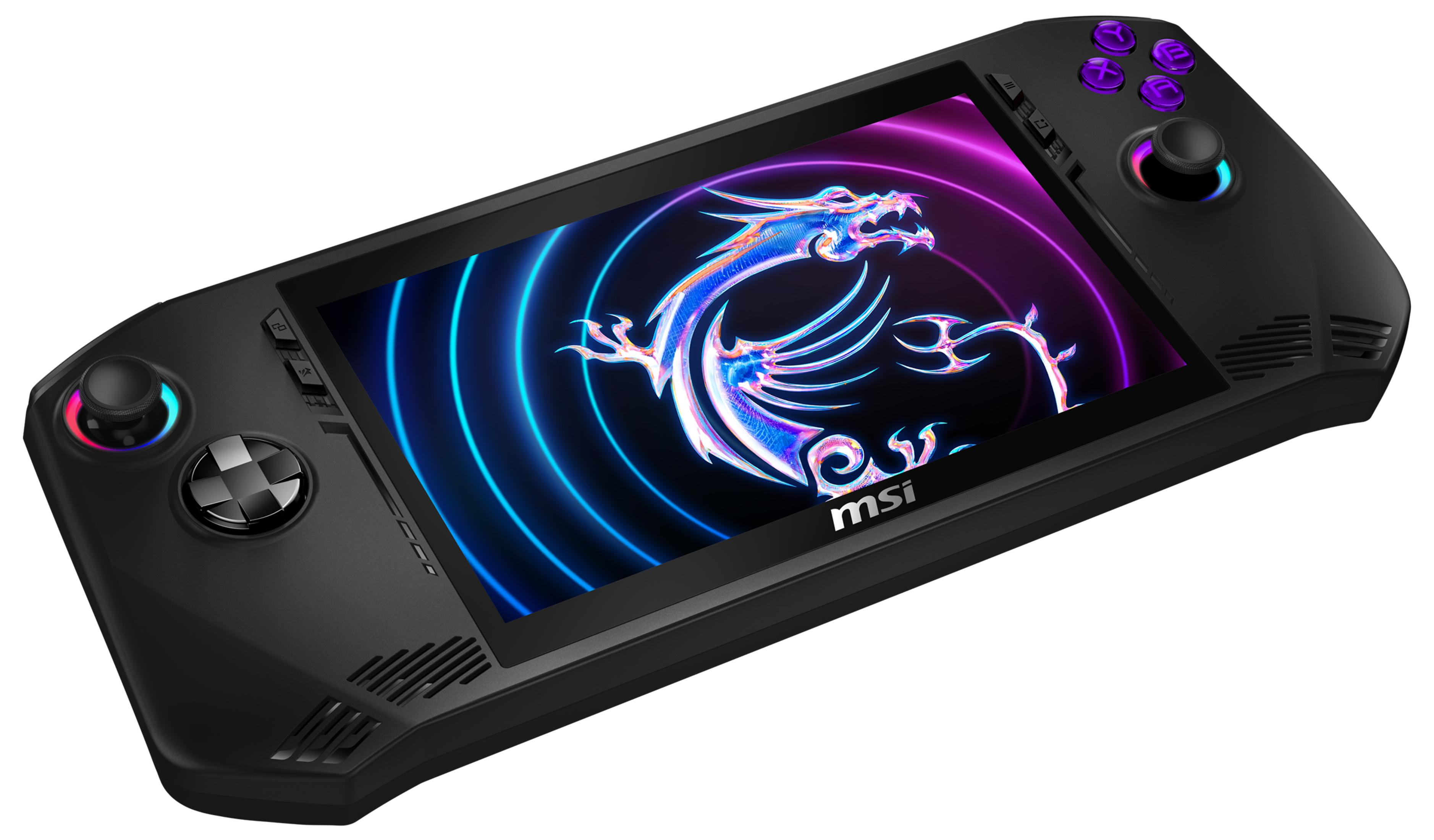 Schwarzes Handheld-Gaming-Gerät mit einem Bildschirm, der eine Drachengrafik anzeigt.