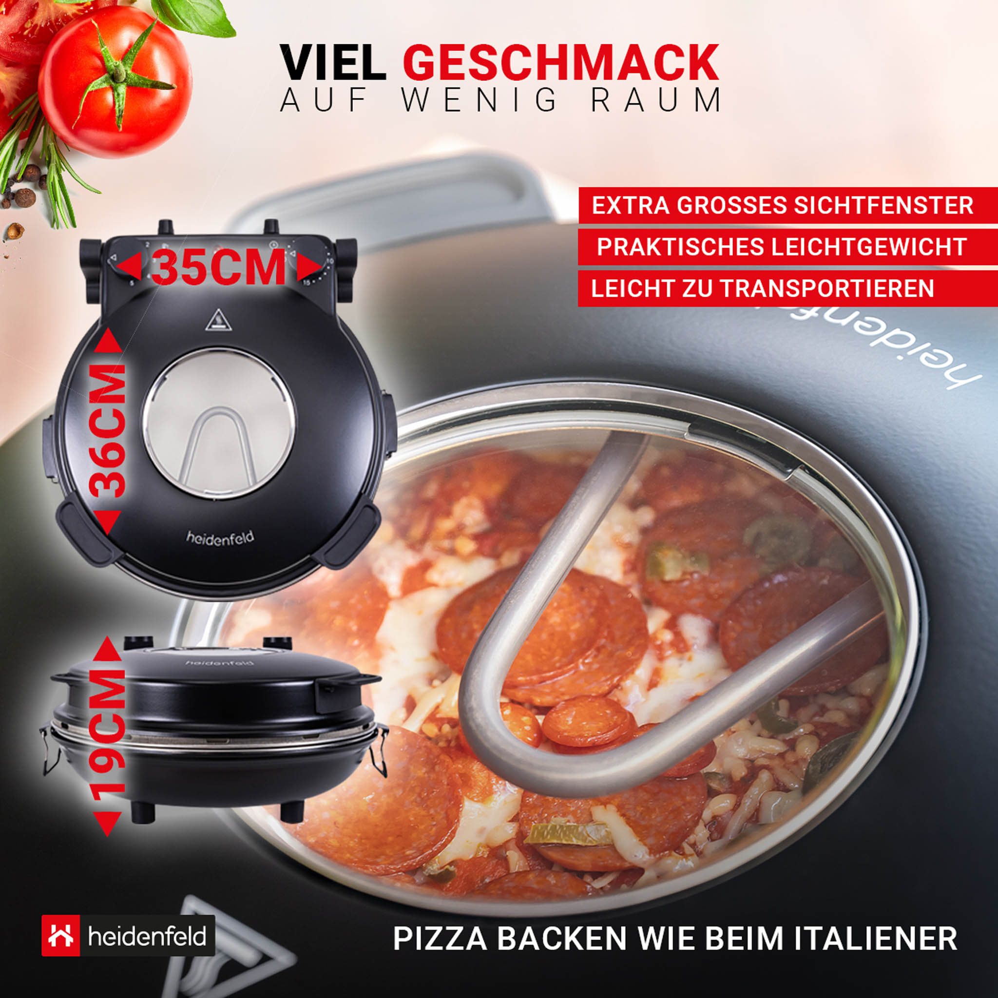 Pizzaofen mit Text. Pizza mit Belag im Inneren. Rote Pfeile zeigen Abmessungen. Tomaten und Kräuter vorhanden.