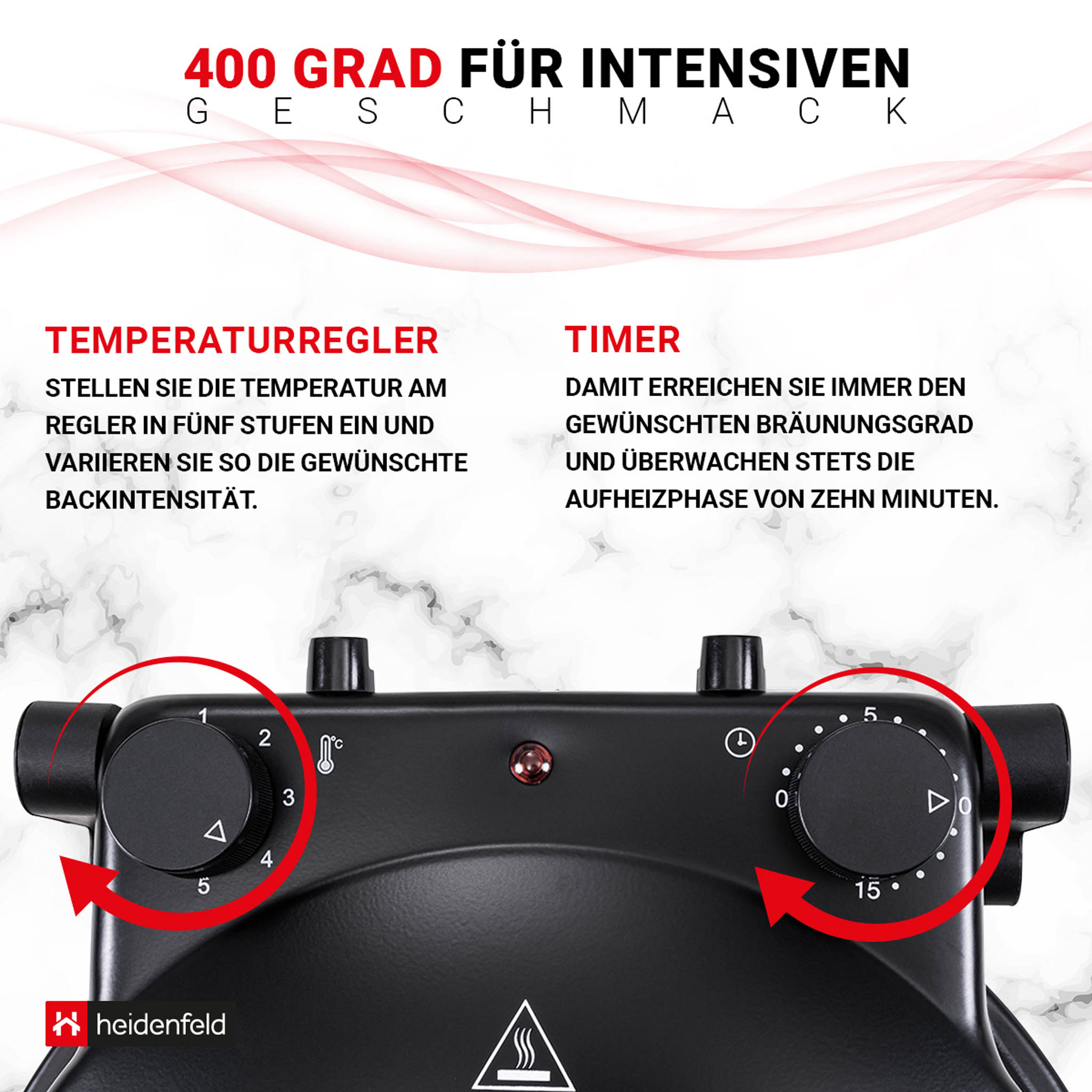 Nahaufnahme eines schwarzen Backofen-Bedienfelds mit Drehreglern und Textetiketten. Temperatur- und Timer-Steuerung.